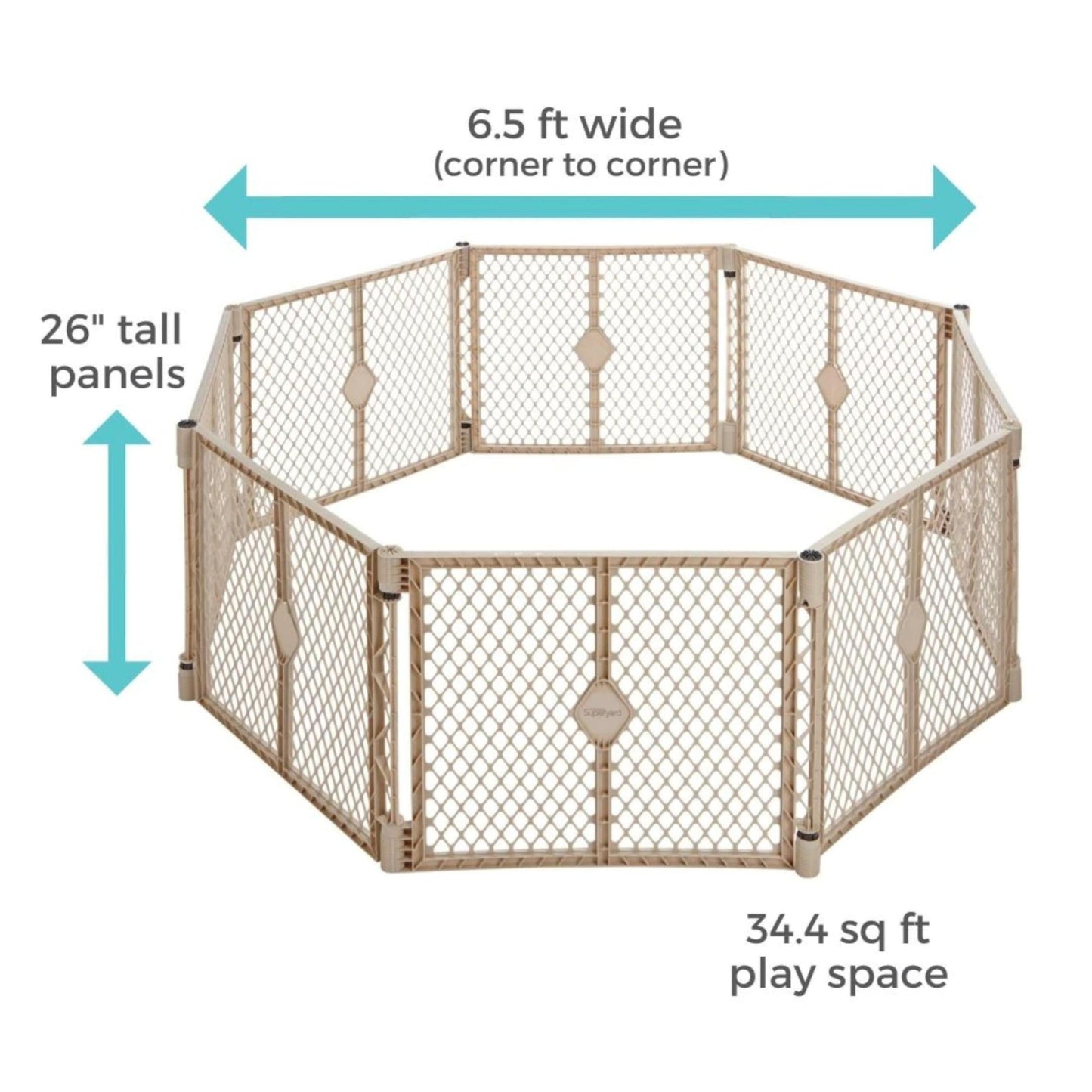 Toddleroo By North States Superyard 8 Panel Free Standing Play Yard, Indoor Or Outdoor Baby Playpen, Baby Gate. Made In Usa. 6.5