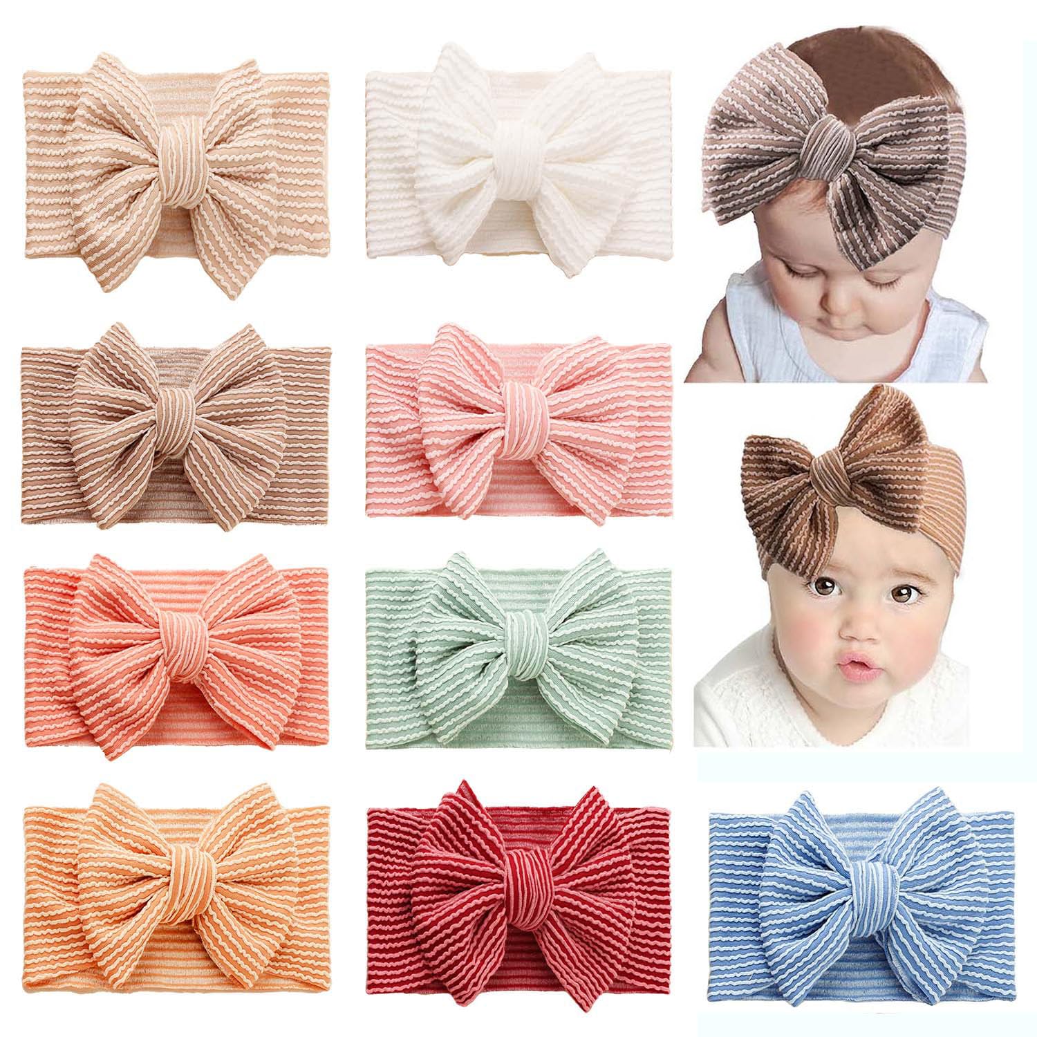 Jiahang Baby Bows Turban Knotted Head Wraps With Strip, Big Hair Bows Cotton Headbands, Stretchy Hair Bands For Newborn Infant T