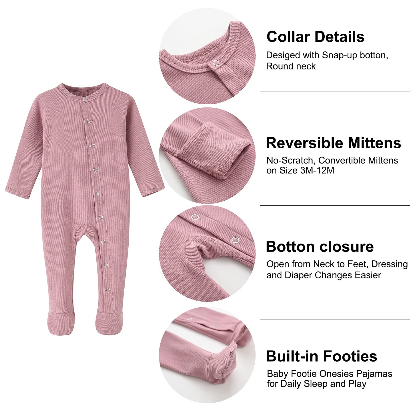 Acestar Newborn Baby Footed Pajamas With Mitten Cuffs - Cotton Unisex Snap-Up Baby Sleepers For Sleep And Play Footies Pjs (0-3