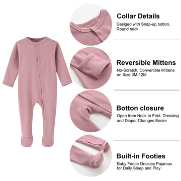 Acestar Newborn Baby Footed Pajamas With Mitten Cuffs - Cotton Unisex Snap-Up Baby Sleepers For Sleep And Play Footies Pjs (0-3
