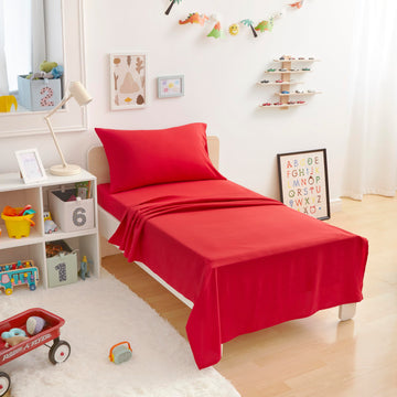Amazon Basics Kid'S Soft Easy-Wash Lightweight Microfiber 3-Piece Sheet Set, Toddler, Red, Solid