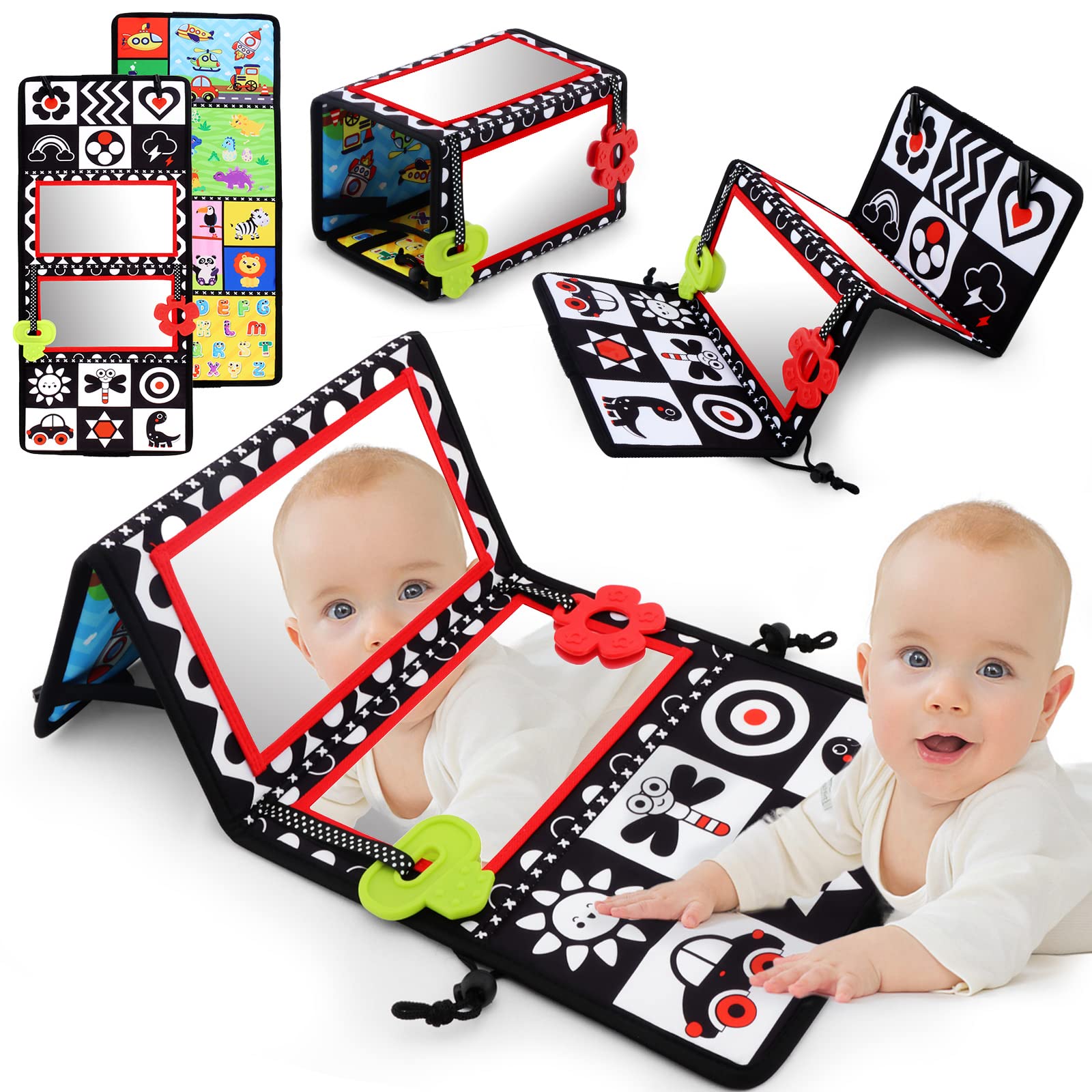 Tummy Time Floor Mirror with Teethers, Double-Sided Baby Mirror Black and White High Contrast Baby Toys for Babies, Baby Montess