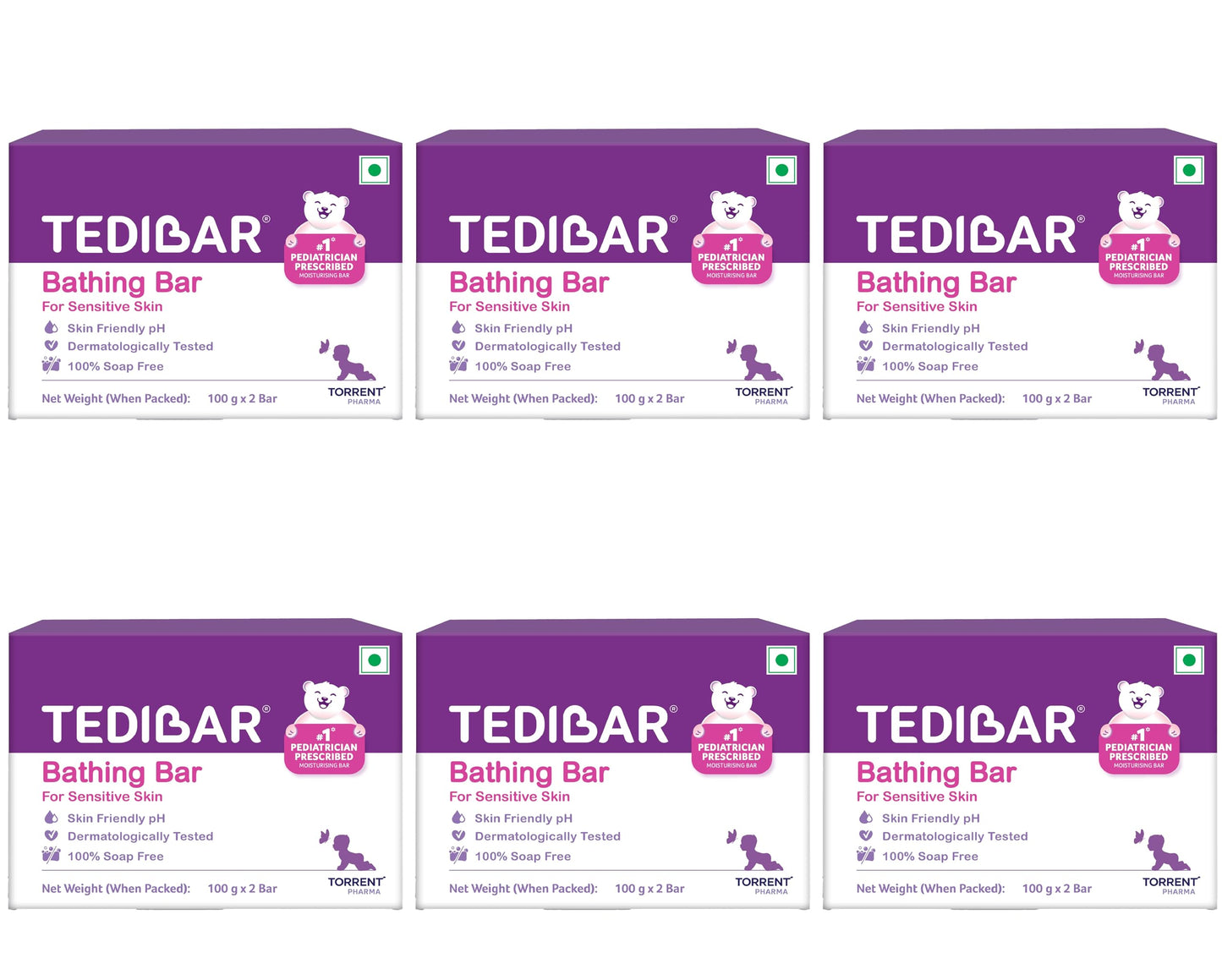 Tedibar Moisturising Baby Bathing Bar Each (100Gx2) With Skin Friendly Ph|100% Soap Free | Dermatologically Tested X Pack Of 6
