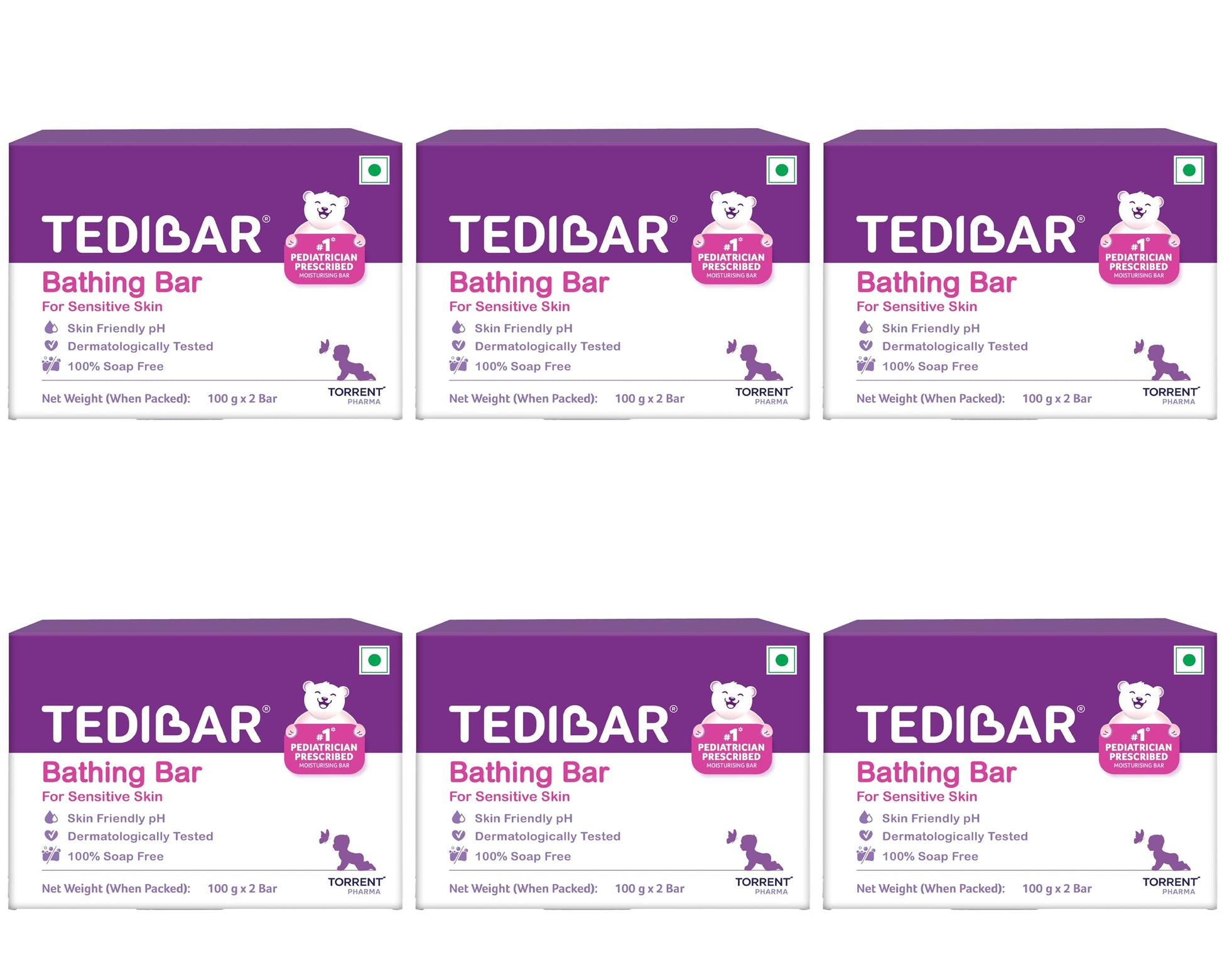 Tedibar Moisturising Baby Bathing Bar Each (100Gx2) With Skin Friendly Ph|100% Soap Free | Dermatologically Tested X Pack Of 6