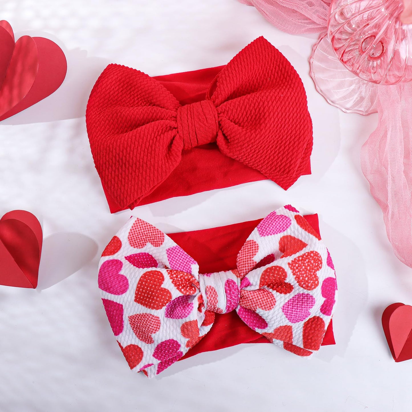 Yanjie Valentines Bows - Red Nylon Handmade Newborn Heart Headbands For Girls, Toddlers, And Infants