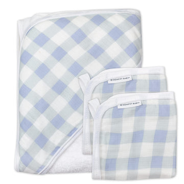 Honestbaby 3Piece Organic Cotton Hooded Towel & Washcloth Set, Blue Painted Buffalo Check, One Size