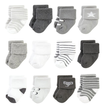 Hudson Baby Unisex Baby Cotton Rich Newborn And Terry Socks, Modern Elephant, 6-12 Months