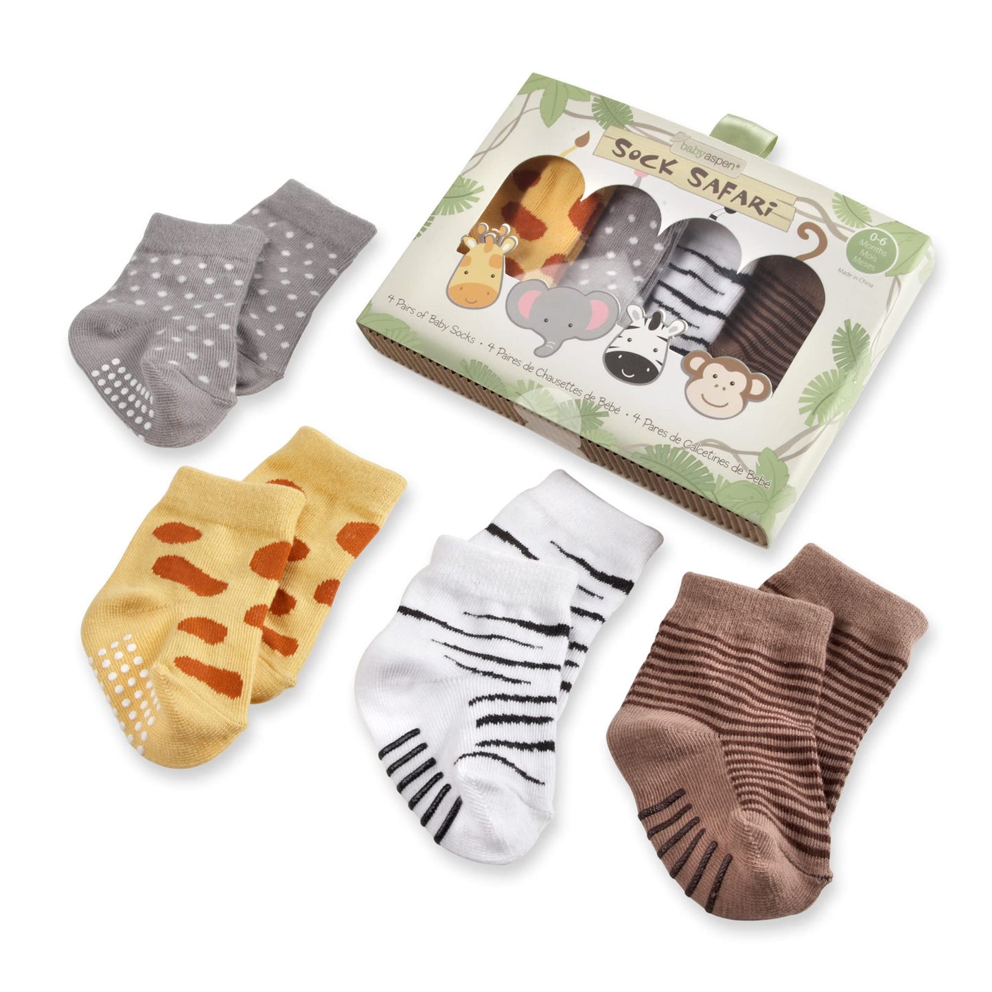 Baby Aspen, 'Sock Safari' Four-Pair Animal-Themed Baby Socks Set, 0-6 Months