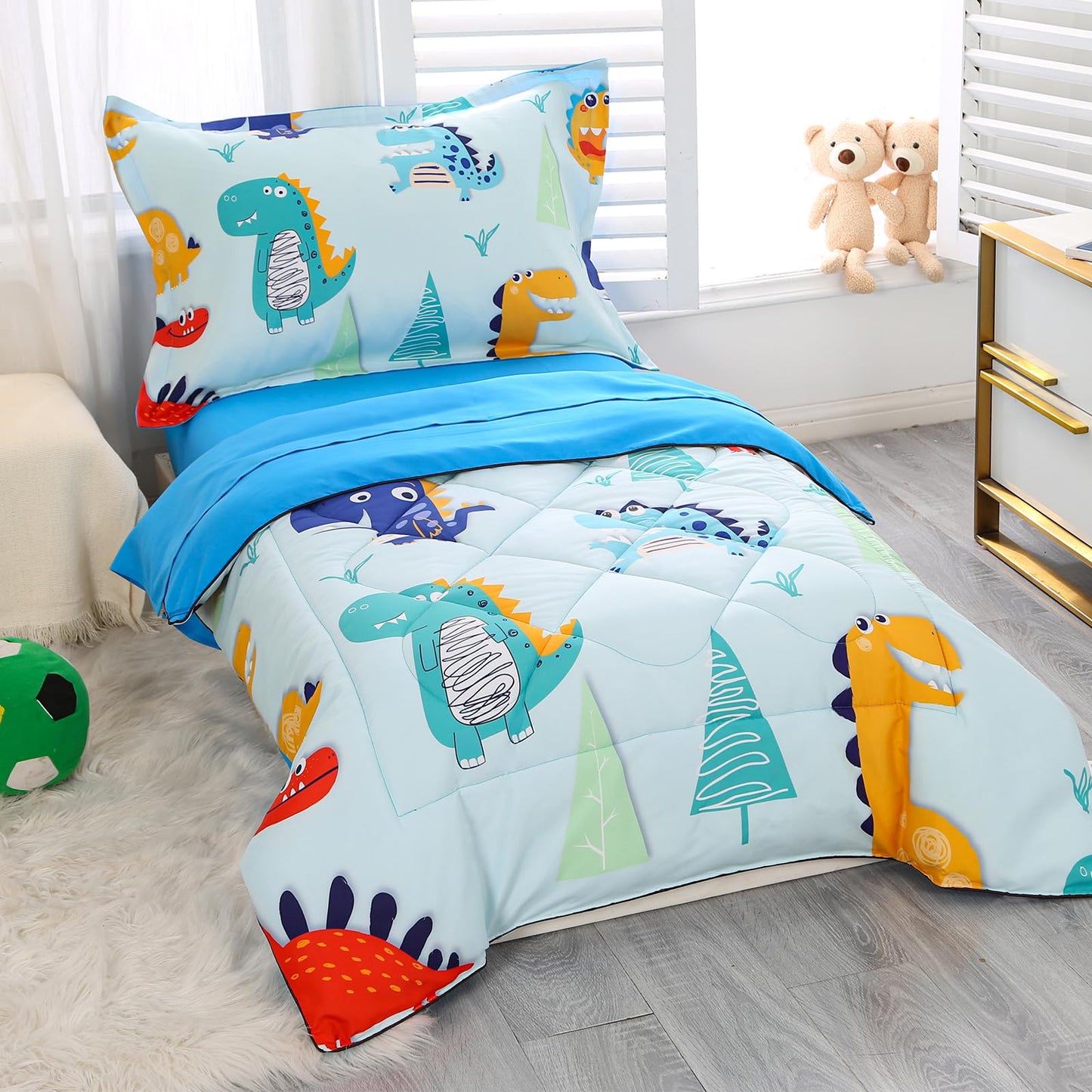 Wowelife 4 Pieces Toddler Bedding Sets For Boys Blue Toddler Bed Sheets Sets Kids Dino Toddler Comforter Set Soft Breathable Wit