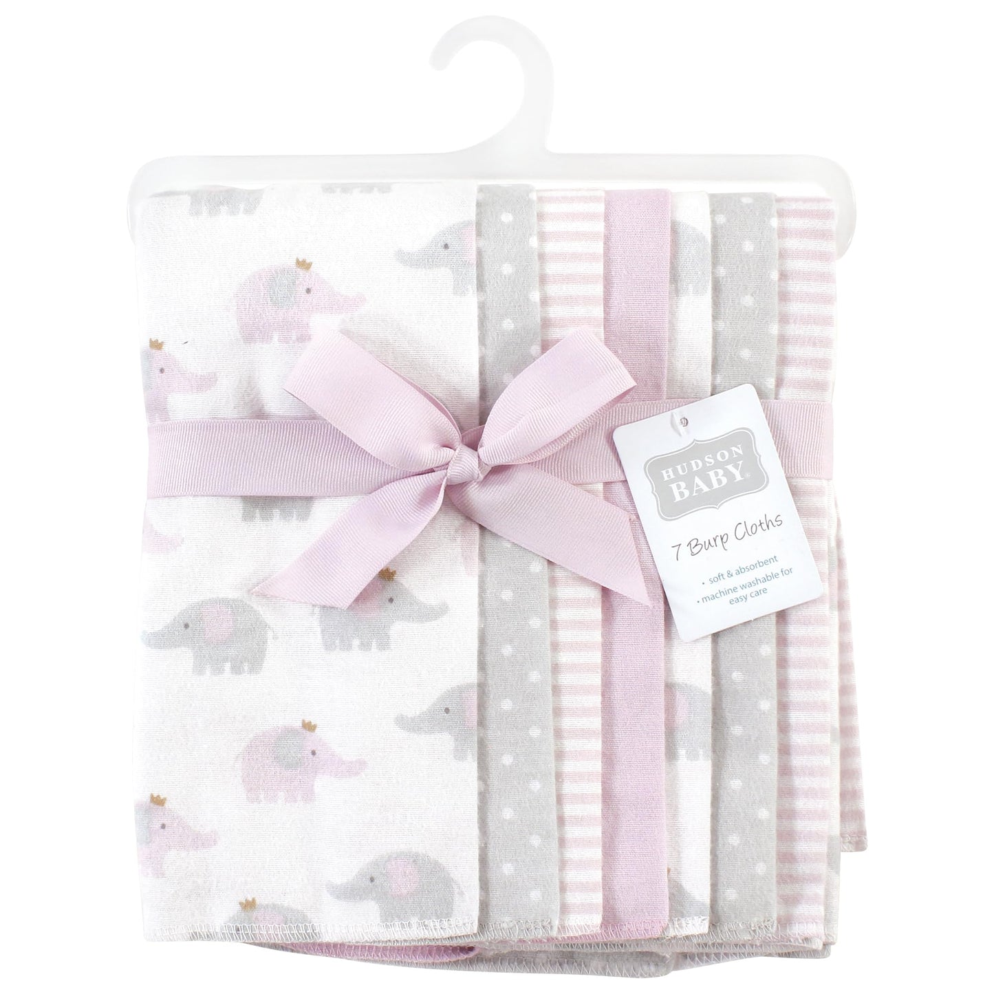 Hudson Baby Unisex Baby Cotton Flannel Burp Cloths, Lilac Elephants 7 Pack, One Size