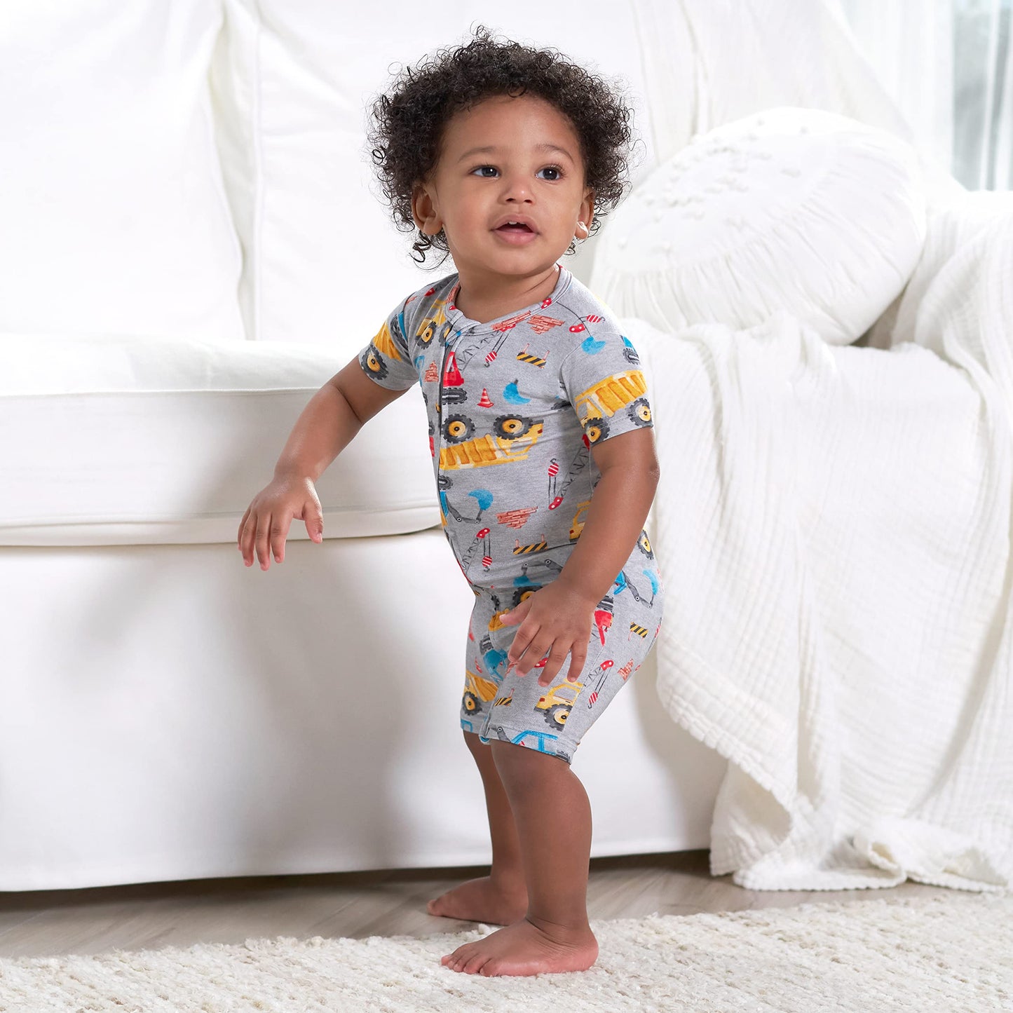 Gerber Unisex Baby Buttery Soft Short Sleeve Romper With Viscose Made From Eucalyptus, Construction, 12 Months