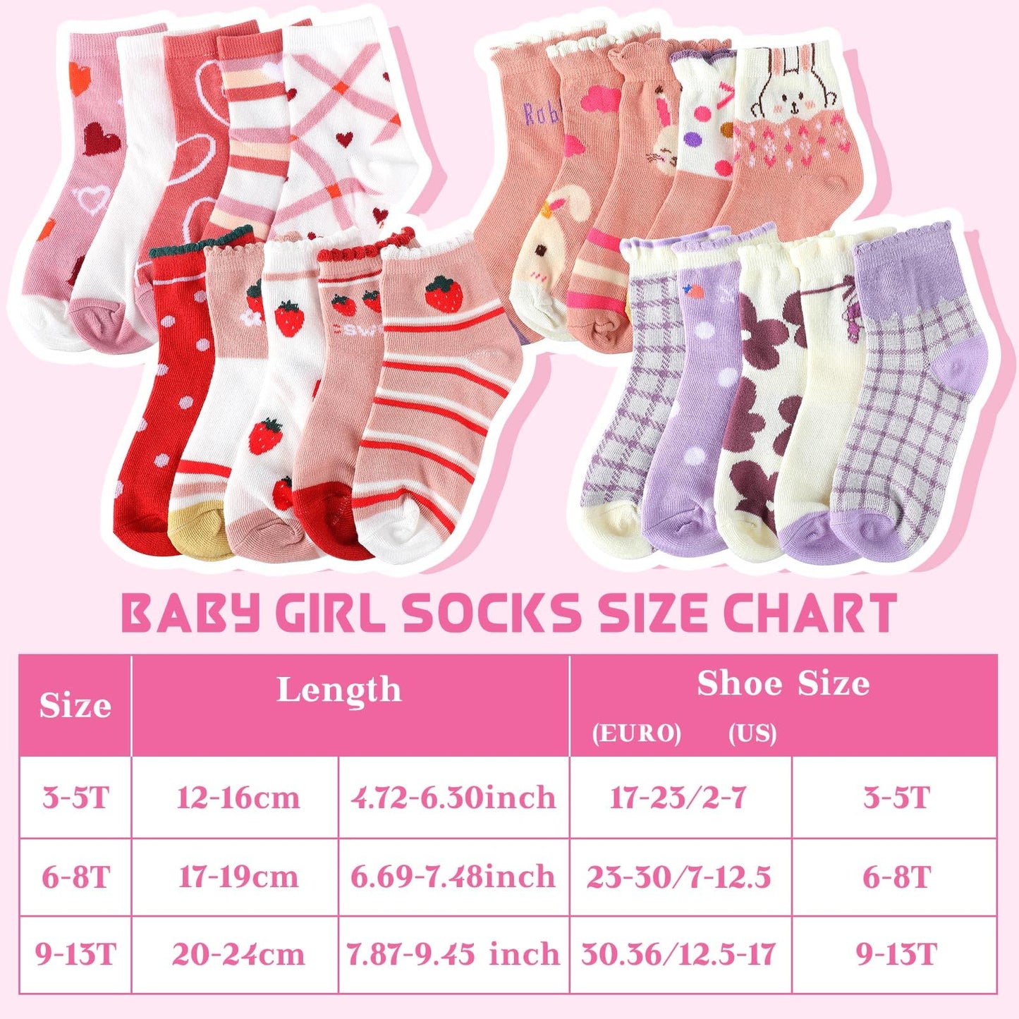 Bencailor 20 Pairs Cartoon Pattern Crew Socks Cute Patterns Ruffle Crew Socks Cotton Cute Socks For Kids Girls (Ages 6-8)