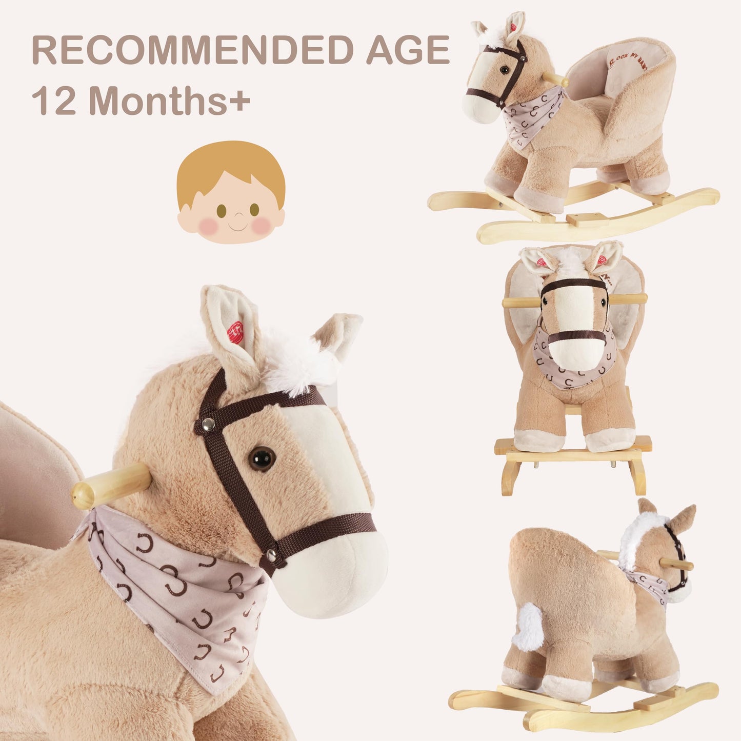 Rock My Baby Rocking Horse, Baby Animal Rocking Horse with Seat, Ride on Horse, Plush Rocking Horse with Realistic Sound, Wooden