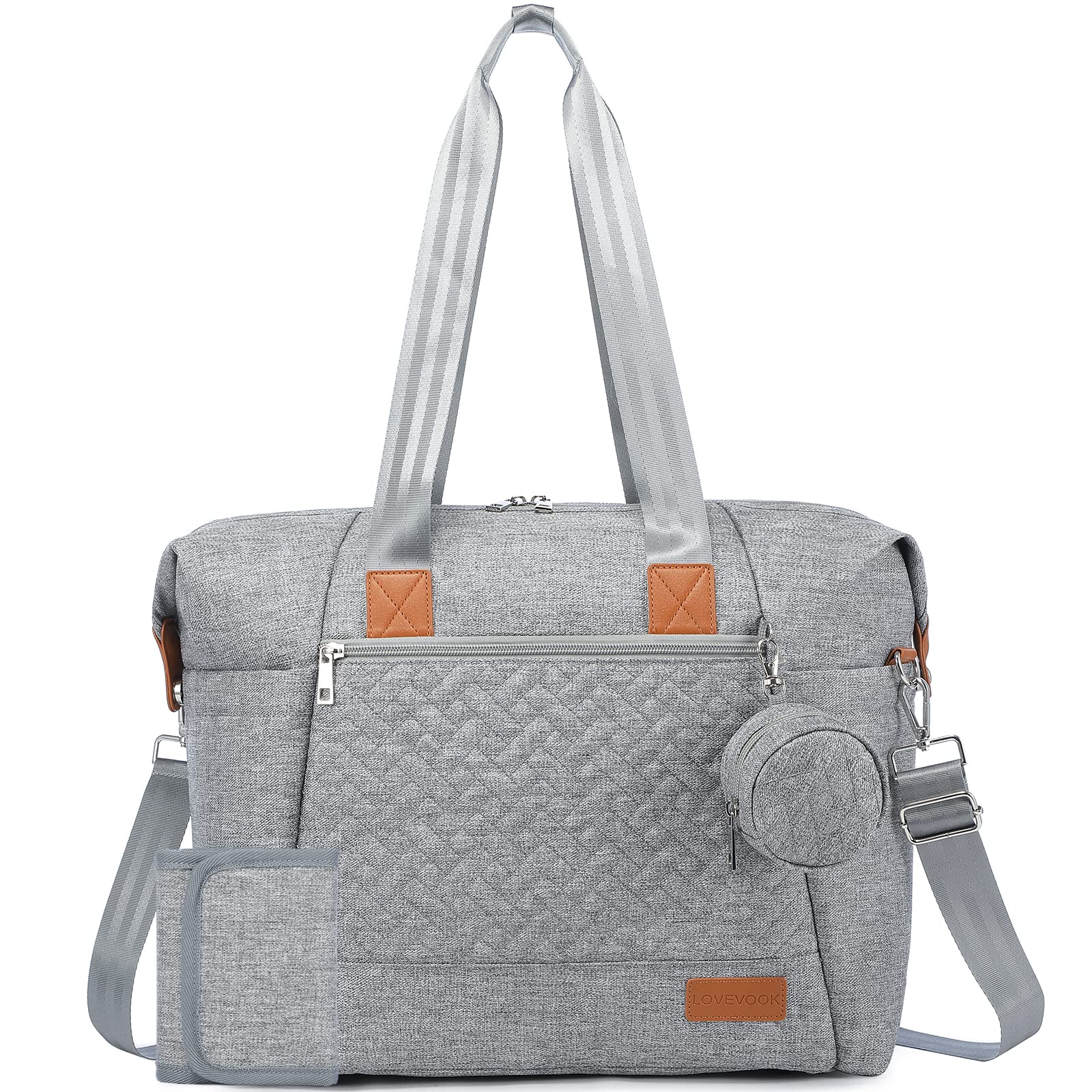 Lovevook Diaper Bag Tote, Large Baby Tote Bag, Travel Diaper Tote For Mom And Dad With Changing Pad And First Aid Bag, Light Gre