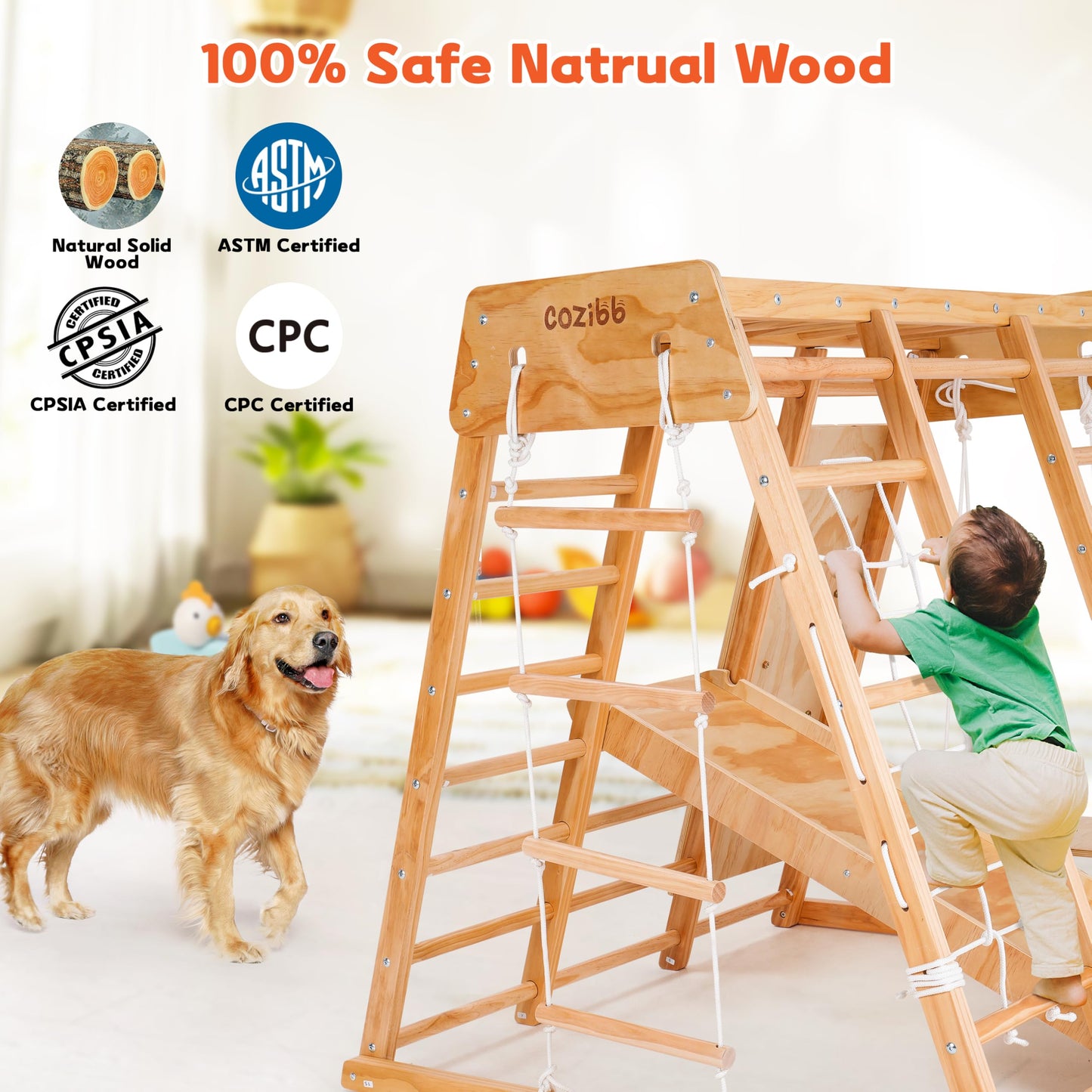 Cozibb Indoor Jungle Gym For Kids, 7-In-1 Toddler Indoor Playground With Slide, Swing And Climbing Rock, Wooden Montessori Climb