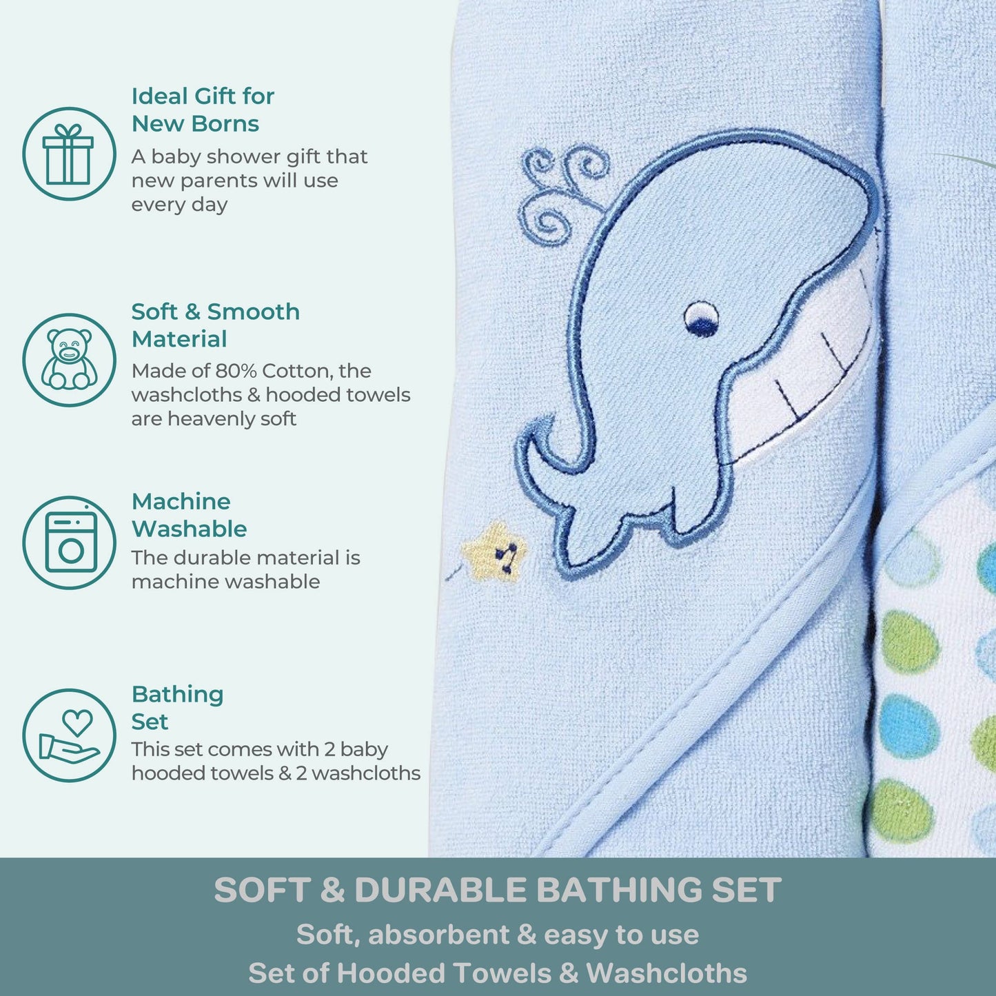 Spasilk Bath Hooded Towels & Washcloths Set For Babies, 2 Hooded Terry Bath Towels & 2 Washcloths, Blue Whale