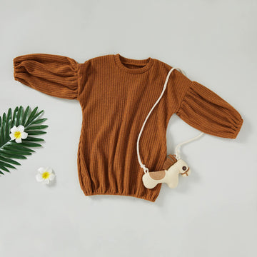 Baby Girls Loose Long Lantern Sleeve Knit Sweater Fall Winter Warm Crewneck Pullover Tops Outfits Clothes Brown, 2-3T