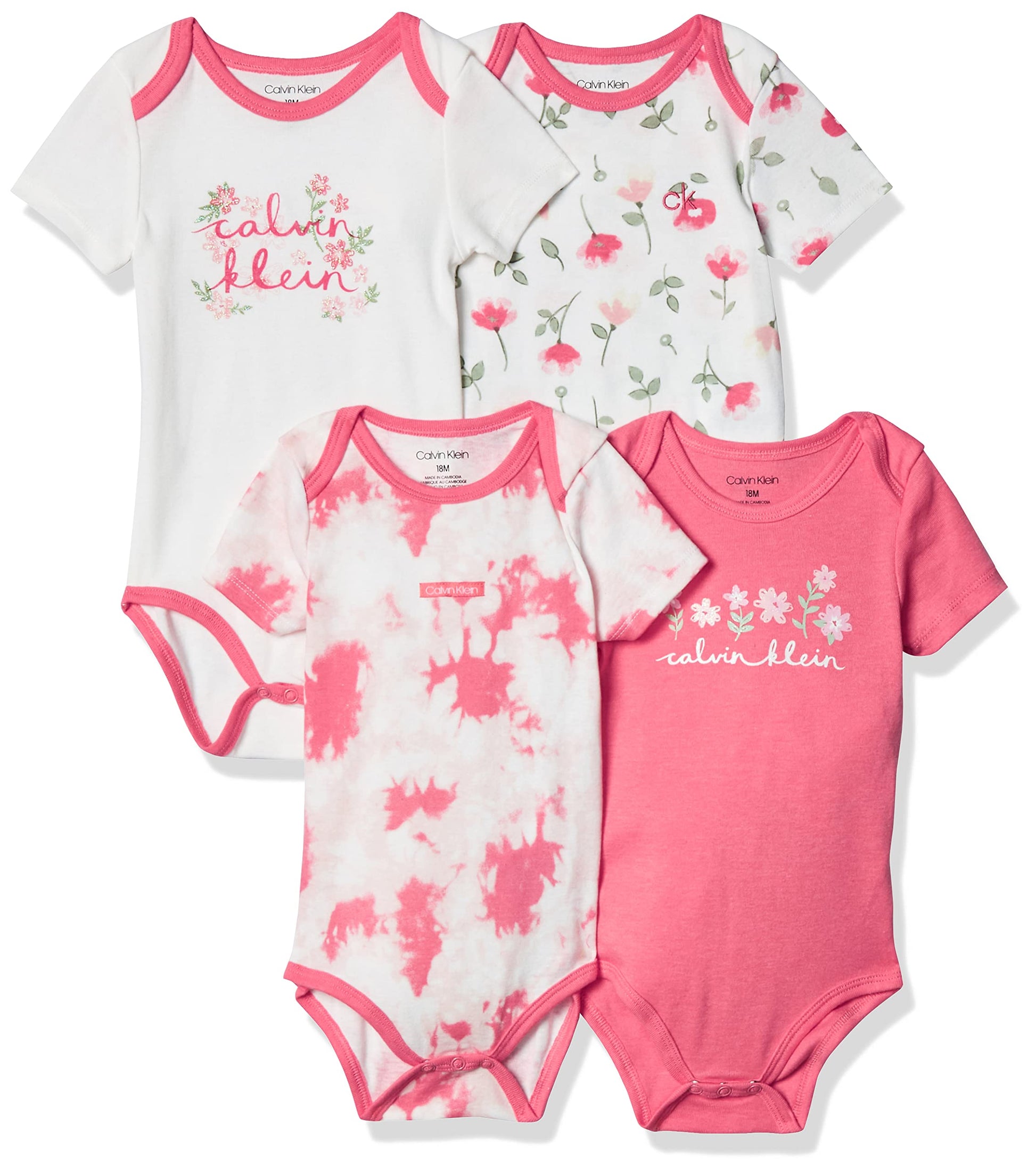 Calvin Klein Girls' 4 Pieces Pack Bodysuits, Coral Reef/Equator Pink/White Luster, 3-6 Months