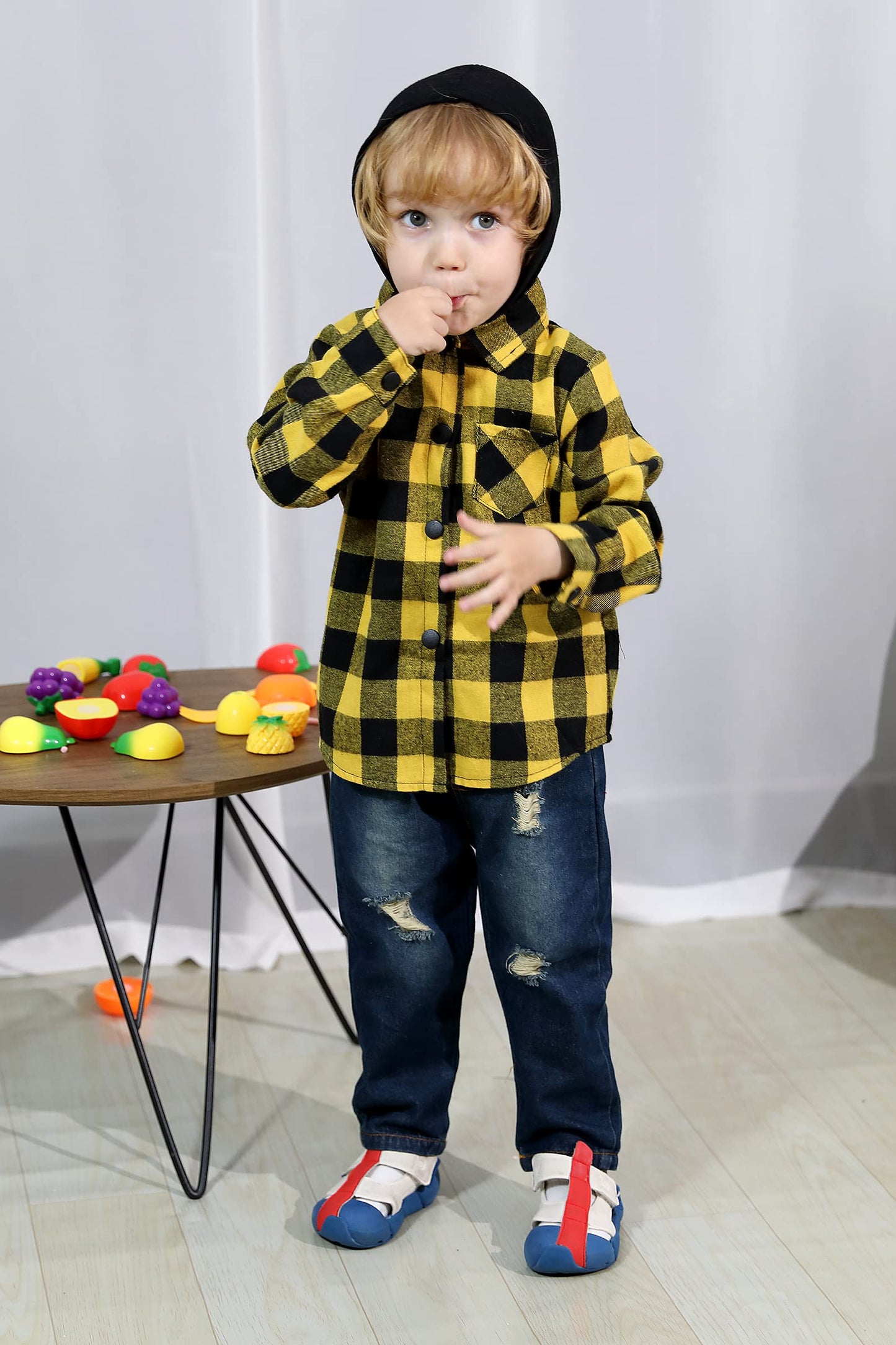 Younger Star Toddler Kidsbaby Boys Hooded Plaid Shirt Classical Shirt Hooded Jacket Fall Winter Clothes (Yellow, 18-24 Months)