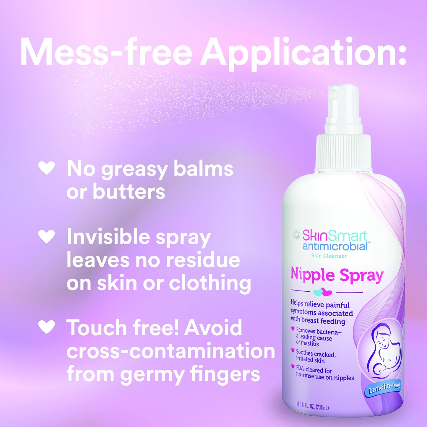 SkinSmart Nipple Relief Spray for Breastfeeding, Naturally Soothing, Lanolin-Free, Made with 100% Natural Ingredients (HOCL), 8