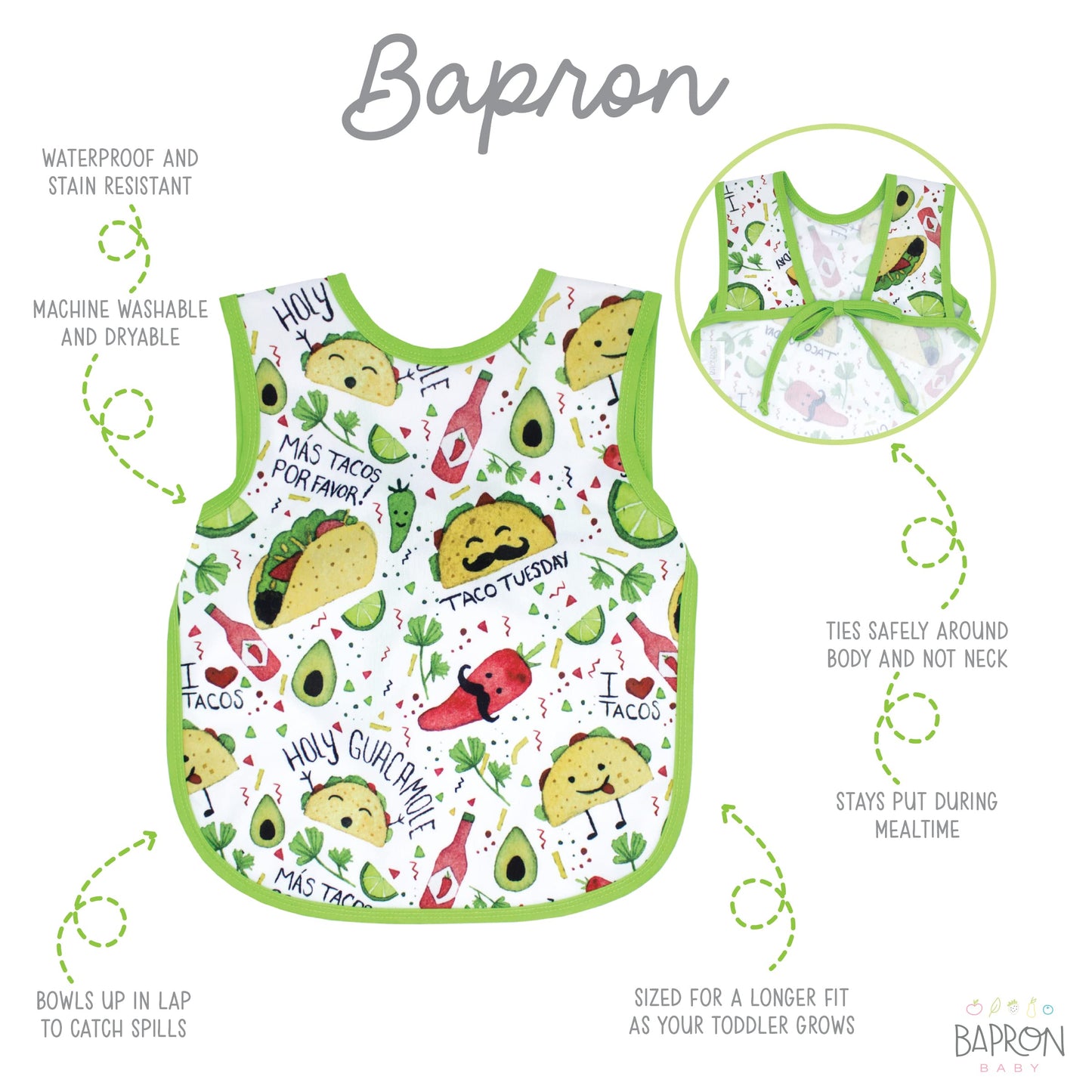 Bapronbaby Taco Party Bapron - No Neck Tie Safer Bib For Baby & Toddler - Soft Waterproof Stain Resistant - Machine Washable - S