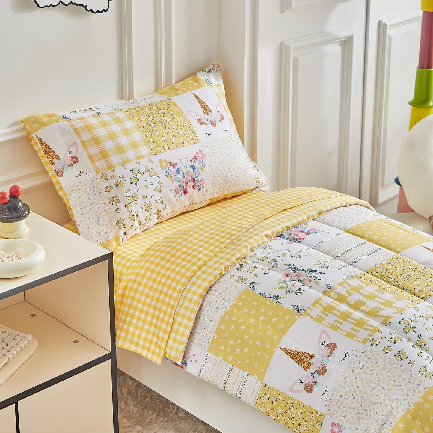 Joyreap 4 Piece Toddler Bedding Set For Girls- Butterflies Flowers Yellow N White Patchwork Design, Microfiber Toddler Bedding C