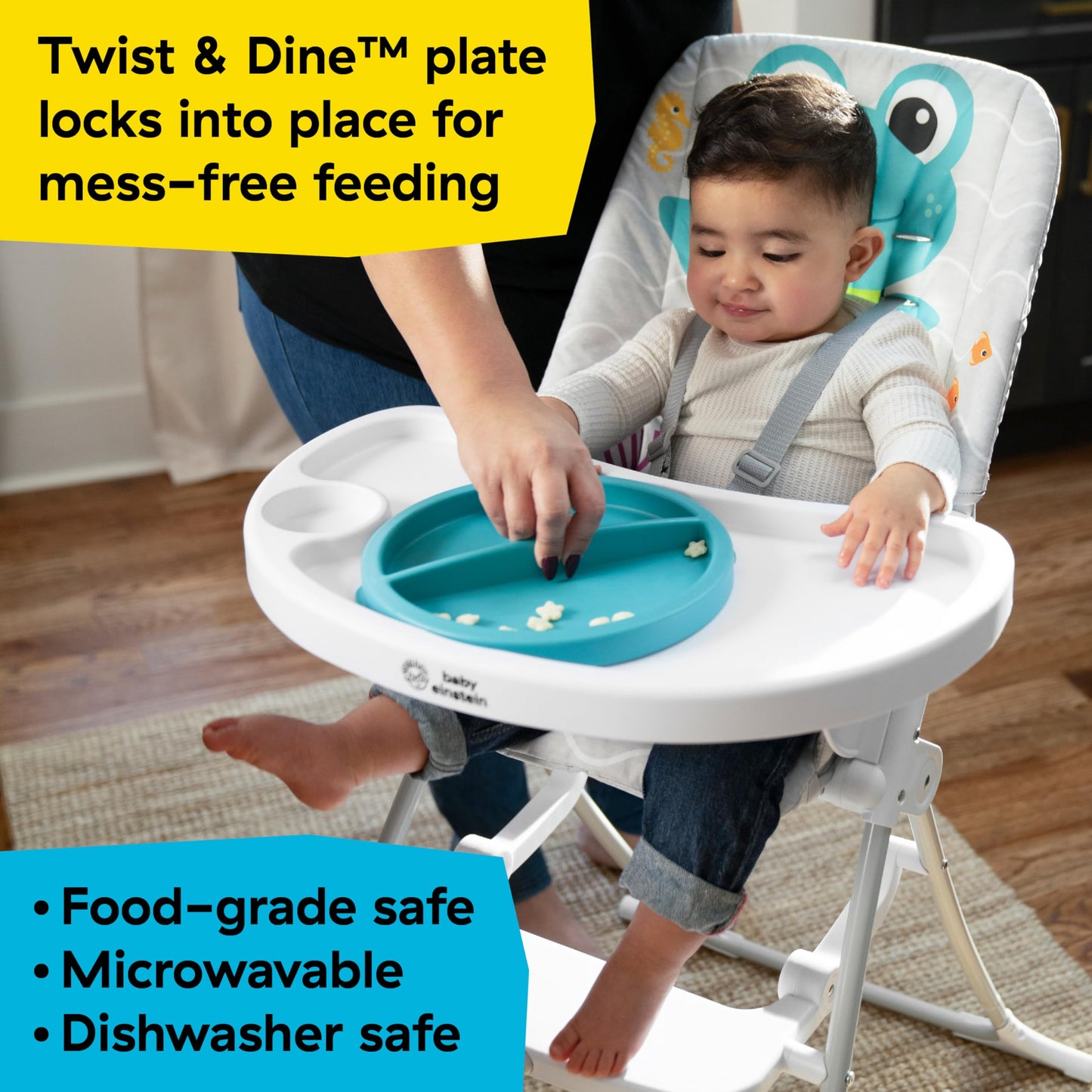 Baby Einstein Ocean Explorers Snack & Splash Compact Folding High Chair, With Water Mat, 5 Point Safety Harness, Ages 6 Months A