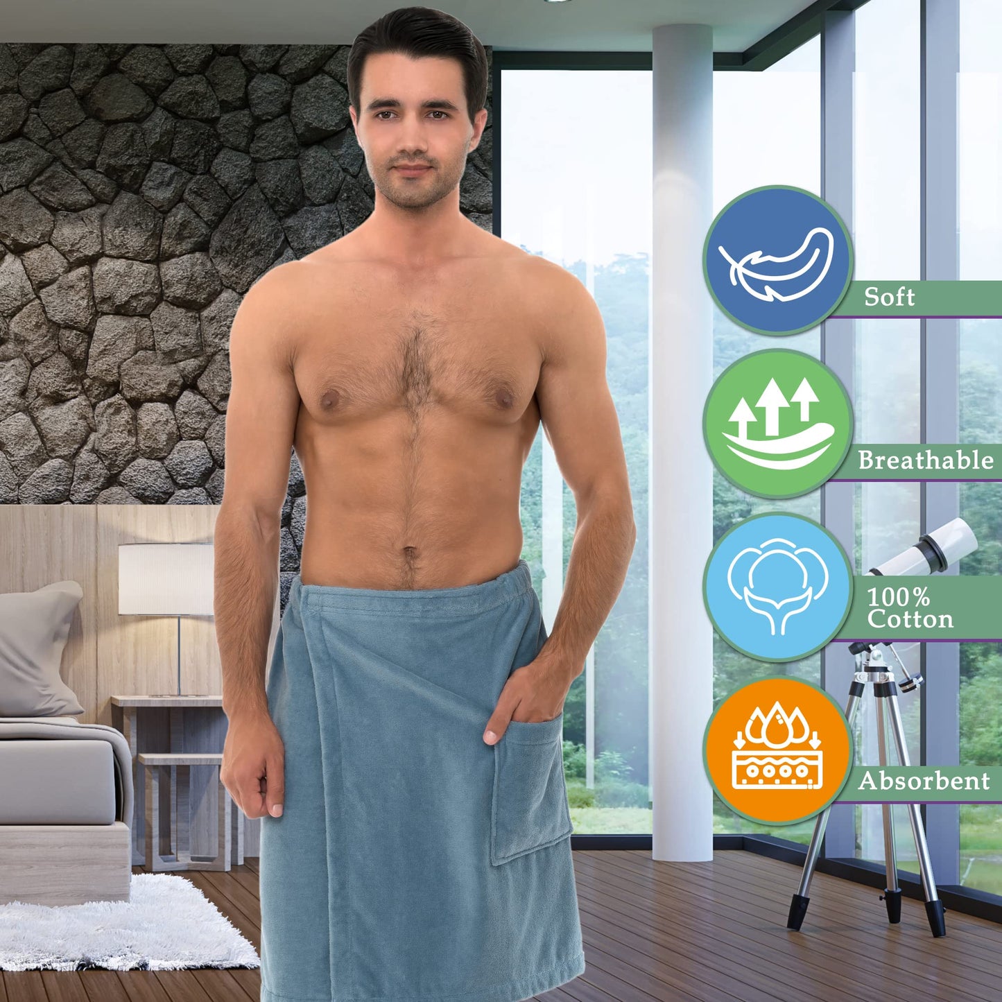 Towelselections Mens Shower Wrap Adjustable Cotton Terry Velour Wrap Gym Body Cover Up Small/Medium Navy