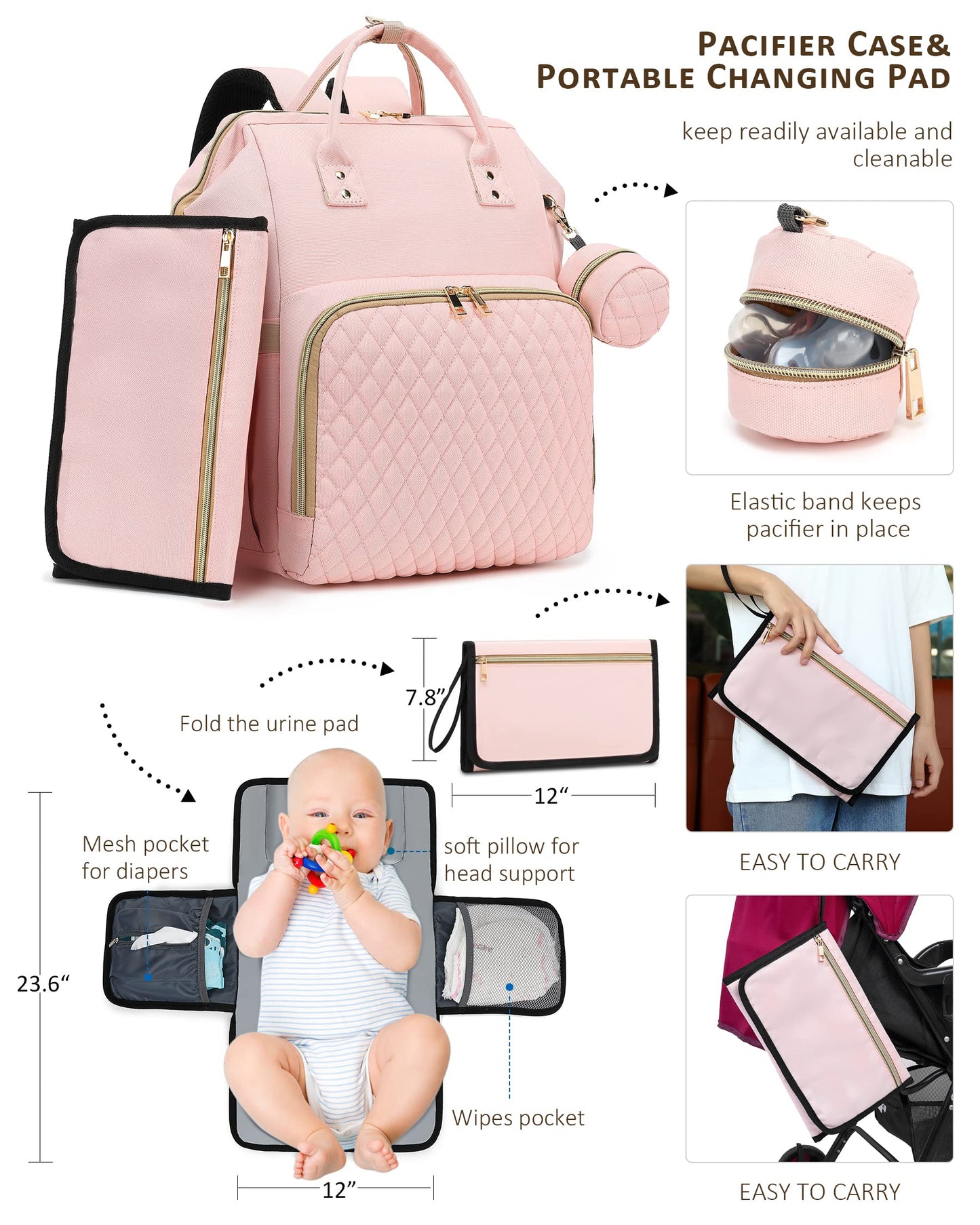 Baby Diaper Bag Backpack With Changing Pad, Pacifier Case - Pink Diaper Bags For Girl Boy Newborn Unisex Infant Toddler - Baby T