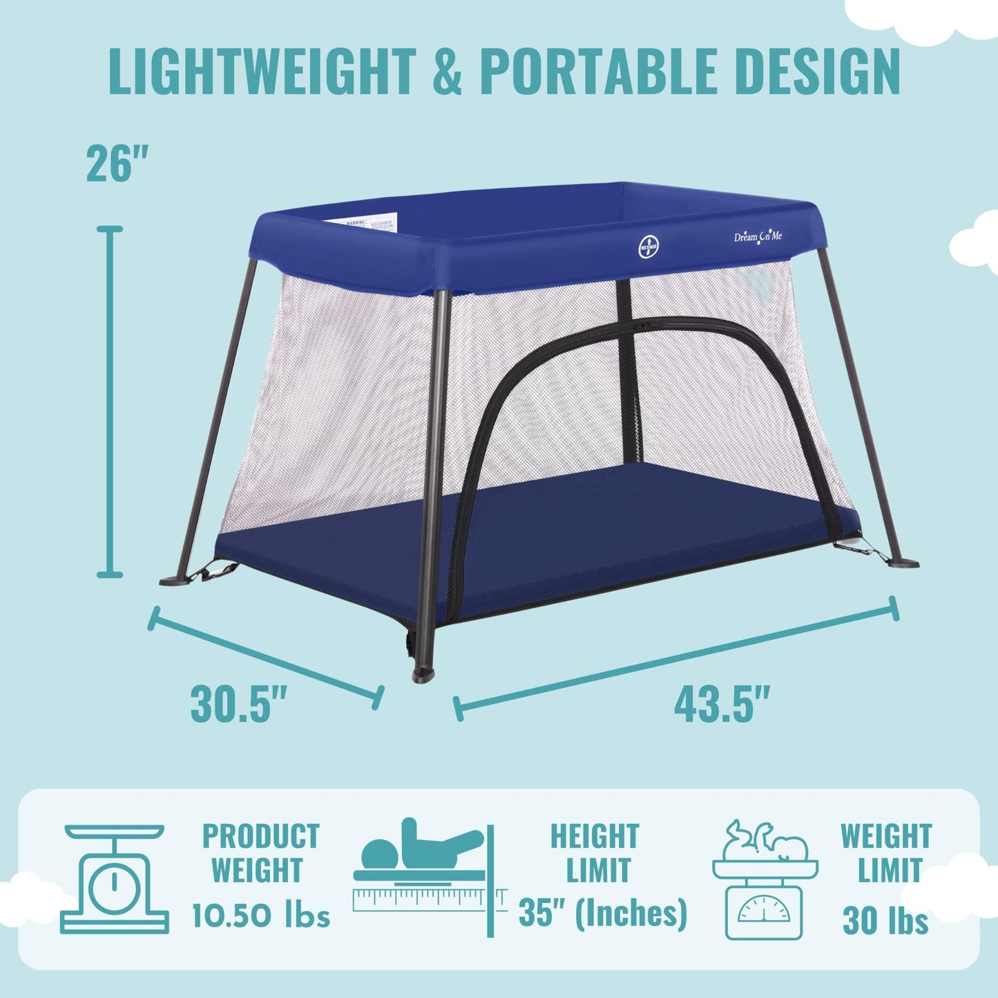 Dream On Me Travel Light Playard With Mesh Zipper Door In Navy