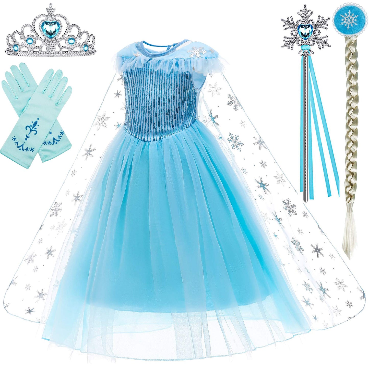 Princess Costumes Birthday Party Dress Up For Little Girls With Wig,Crown,Mace,Gloves Accessories 8-9Years(D56,140Cm)