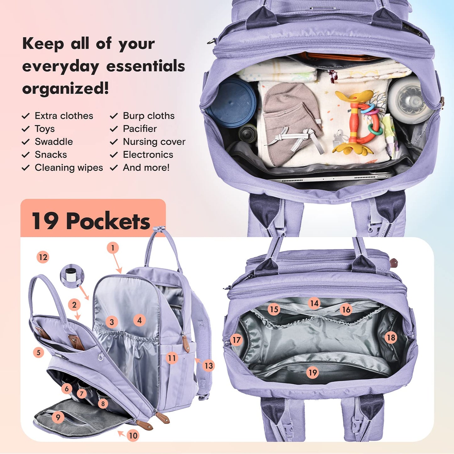 Dikaslon Diaper Bag Backpack With Portable Changing Pad, Pacifier Case And Stroller Straps, Large Unisex Baby Bags For Boys Girl