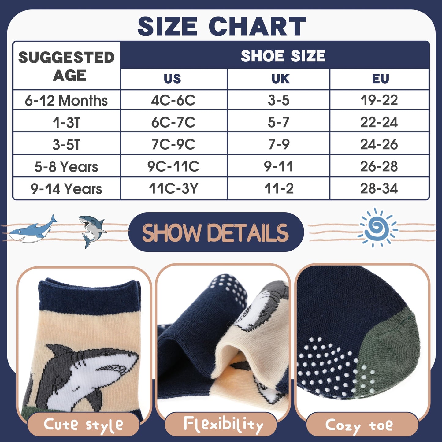 Antsang Baby Boys Grips Socks Kids Toddlers Infants Non Slip/Anti Skid Crew Cotton Socks 12 Pairs (Boy'S-Shark(12 Pairs),5-8 Y)