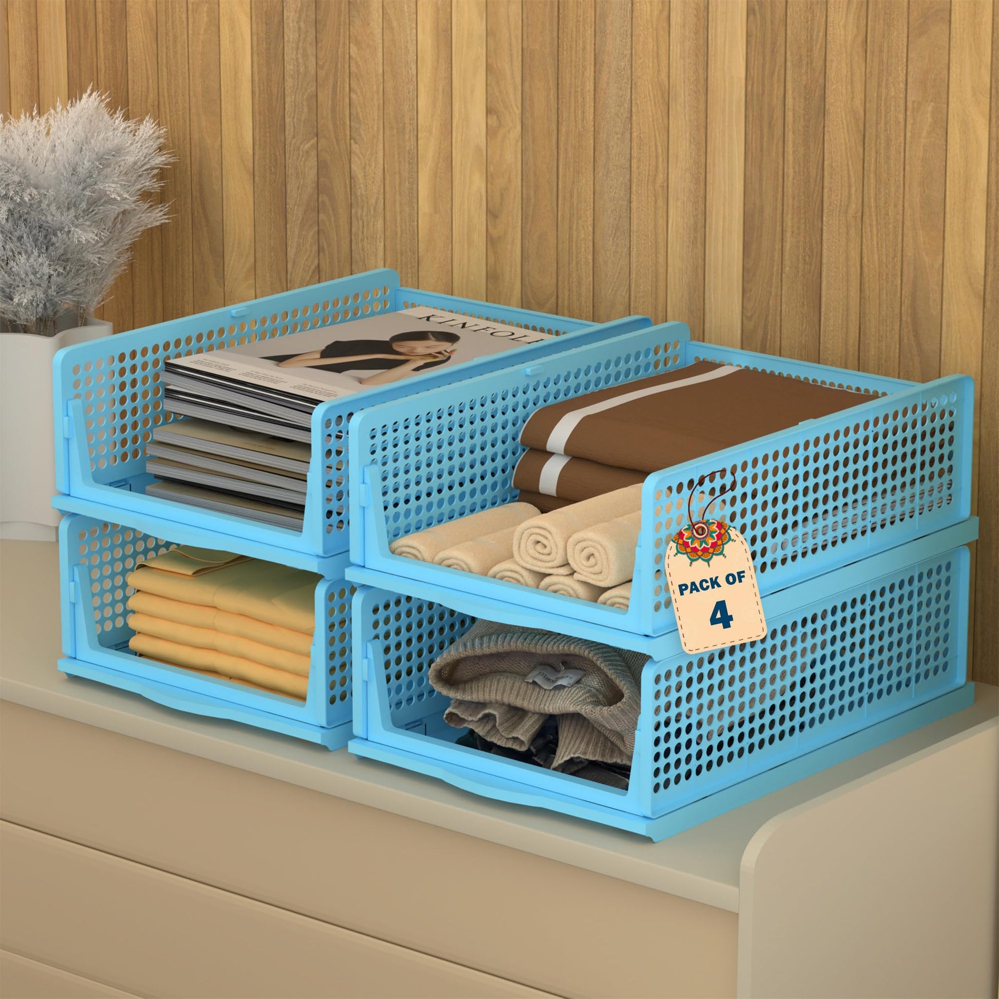 Kuber Industries 4 Pcs Foldable Kids Wardrobe Organizer For Clothes Storage | Stackable Slide Out Baby Dress Organiser For Wardr