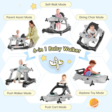 Xilingol 6-In-1 Baby Walker With Adjustable Speed Wheels, Adjustable Height Activity Walker With Padded Seat, Foldable Walker Fo