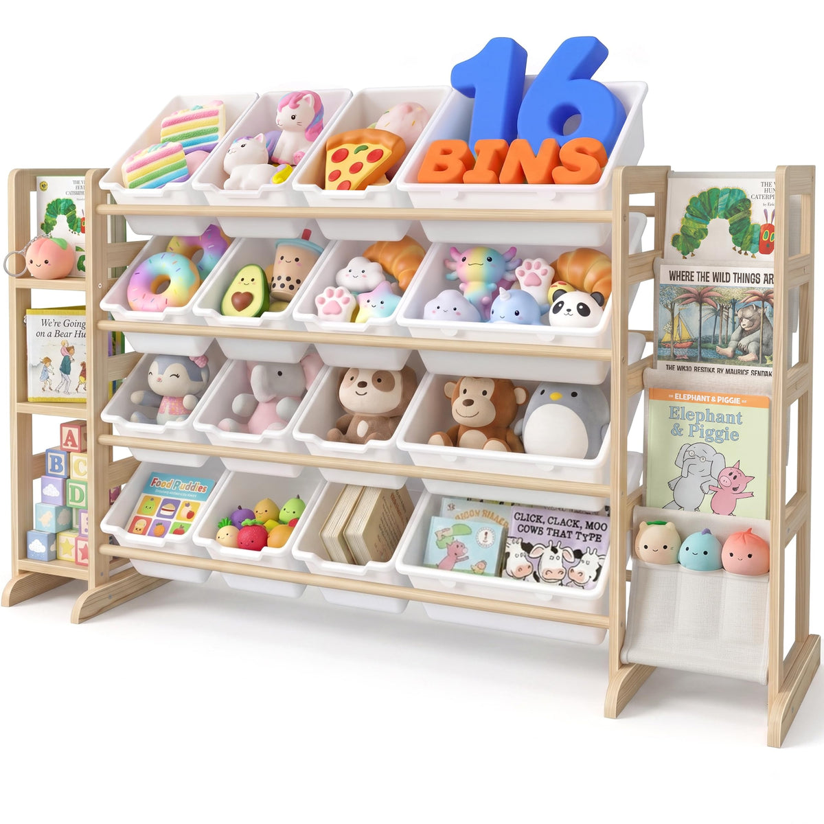 NUTIKAS Large Toy Storage Organizer with Bookshelf  4 Shelves and 16 Bins Kids Solid Pine Wood Toy Organizer with 3 Tier Bookca