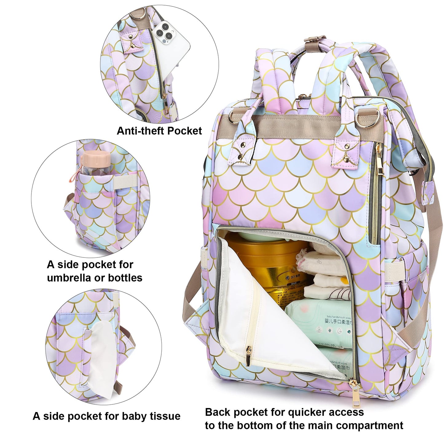 Yusudan Mermaid Diaper Bag Backpack For Baby Boys Girls, Waterproof Large Nappy Bags For Mom & Dad