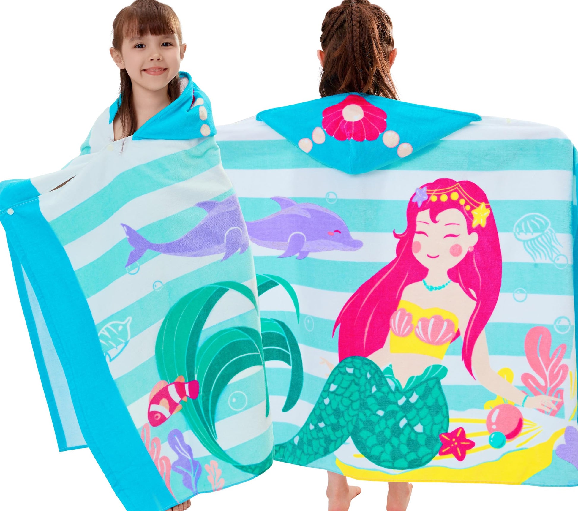 Voova & Movas Mermaid Towels With Hood,Cotton Soft Thick,For 3-10 Years, Hooded Towel For Kids Girls, Perfect For Beach, Pool, B