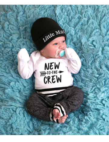 Baby Boy Clothes Preemie Clothes Boys Baby Outfits New To The Crew Print Romper Long Pants Little Man Hat 3Pcs Cute Baby Boy Out