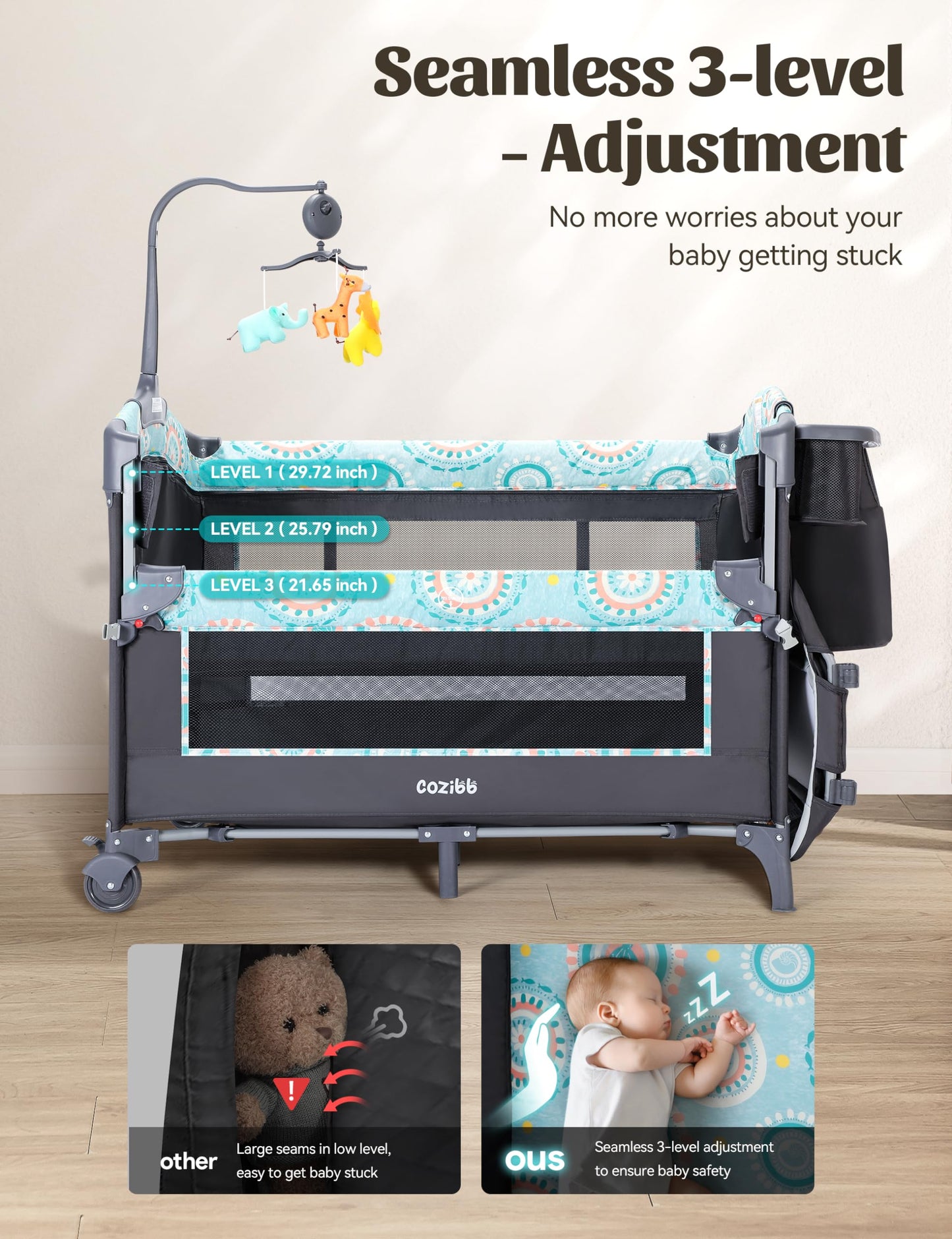 Cozibb Baby Bassinet Bedside Crib 5 In 1 With Detachable Changing Table, Pack And Play With Mattress, Storage, Music And 3 Adjus