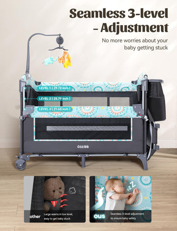 Cozibb Baby Bassinet Bedside Crib 5 In 1 With Detachable Changing Table, Pack And Play With Mattress, Storage, Music And 3 Adjus