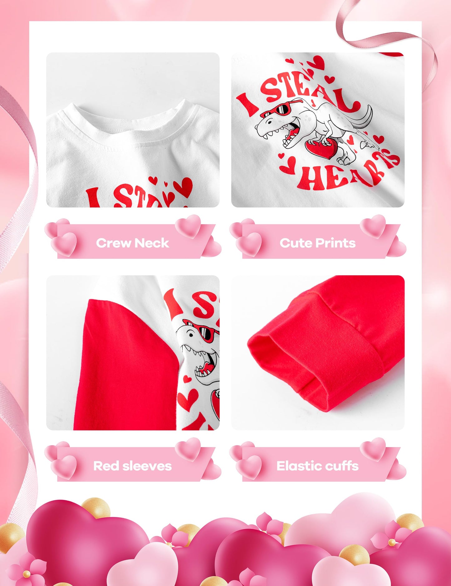 Dakeik Toddler Boy Valentines Day Outfit 2T-3T Boy Valentines Day Outfit Dinosaur Pattern I Steal Hearts Long Sleeve Cute Letter