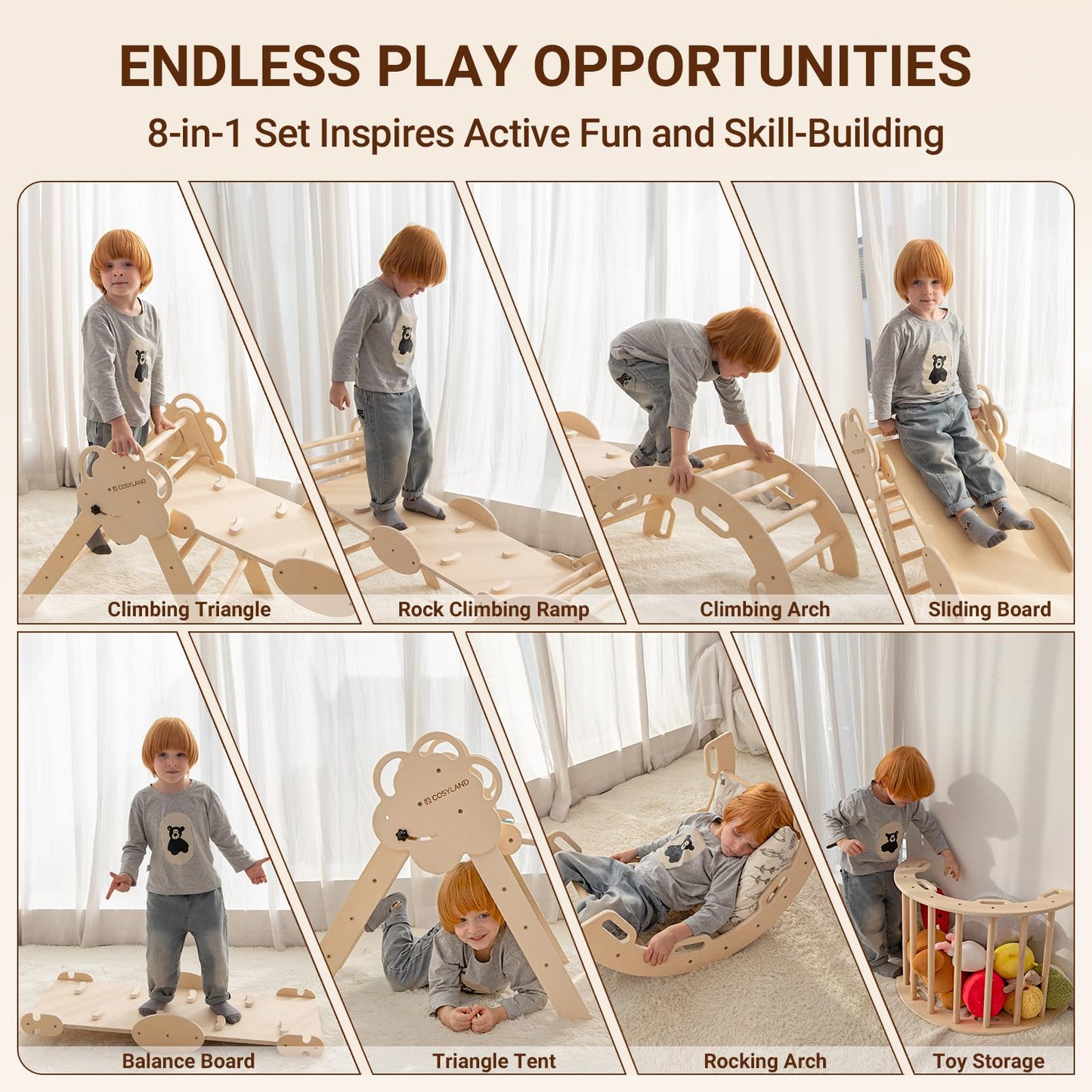 Cosyland Pikler Triangle Set 8 In 1, Foldable Pickler Climbing Set Wooden Montessori Climbing Gym Set, Large Indoor Climbing Toy