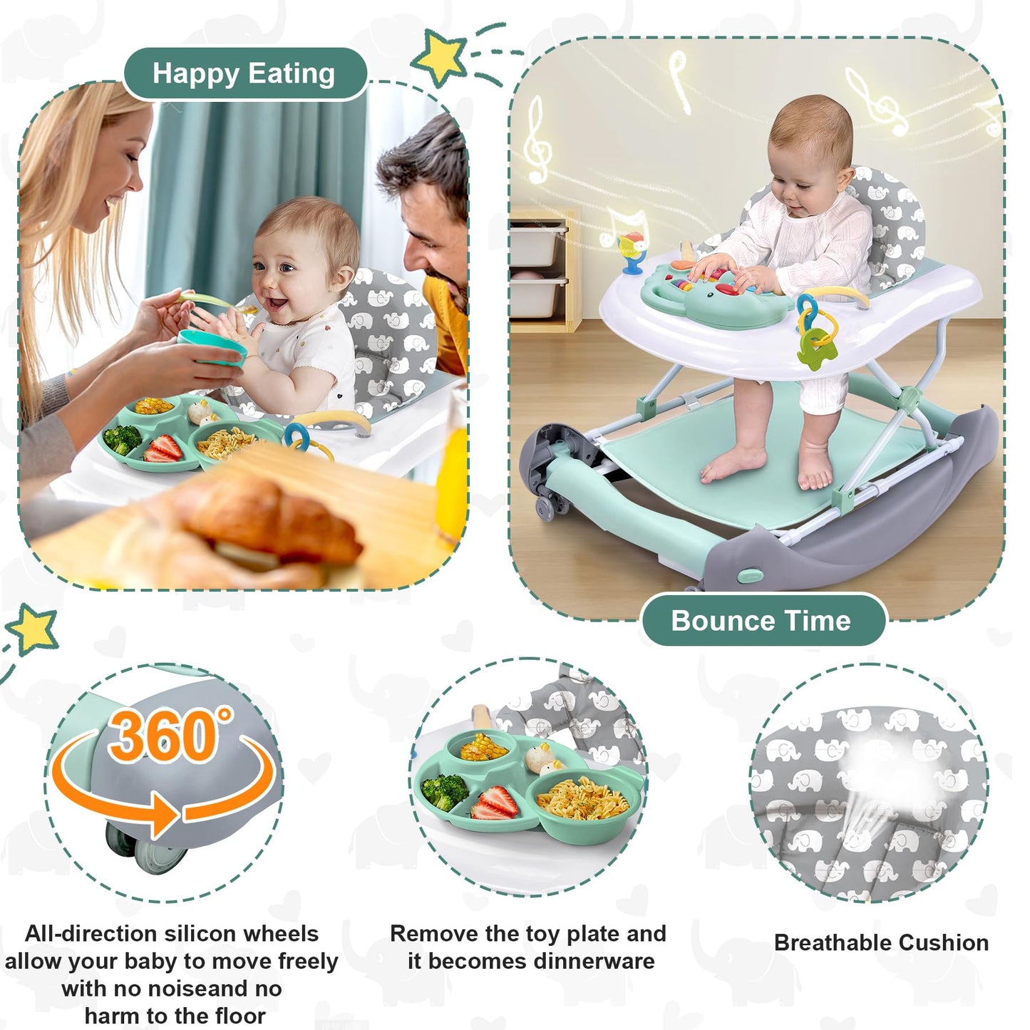 Foldable Baby 5-In-1 Activity Walker - Rocker, Activity Center, Bouncer, Seat Walker, Push Walker - Adjustable Speed Rear Wheels