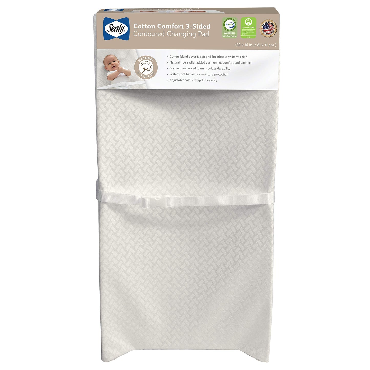 Sealy Baby Cotton Comfort Waterproof 3-Sided Contoured Baby Diaper Changing Pad for Dresser or Changing Table - White, 32    x 1