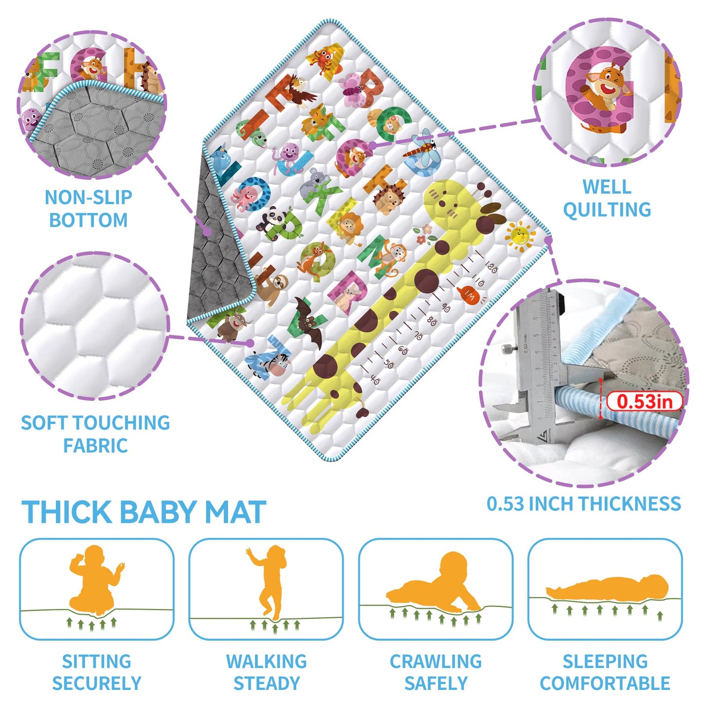 Baby Play Mat For Floor, 2 In 1 Crawling & Learning 50X50 Playpen With Vivid Alphabet & Animal Pattern, Non-Slip One-Piece Foam