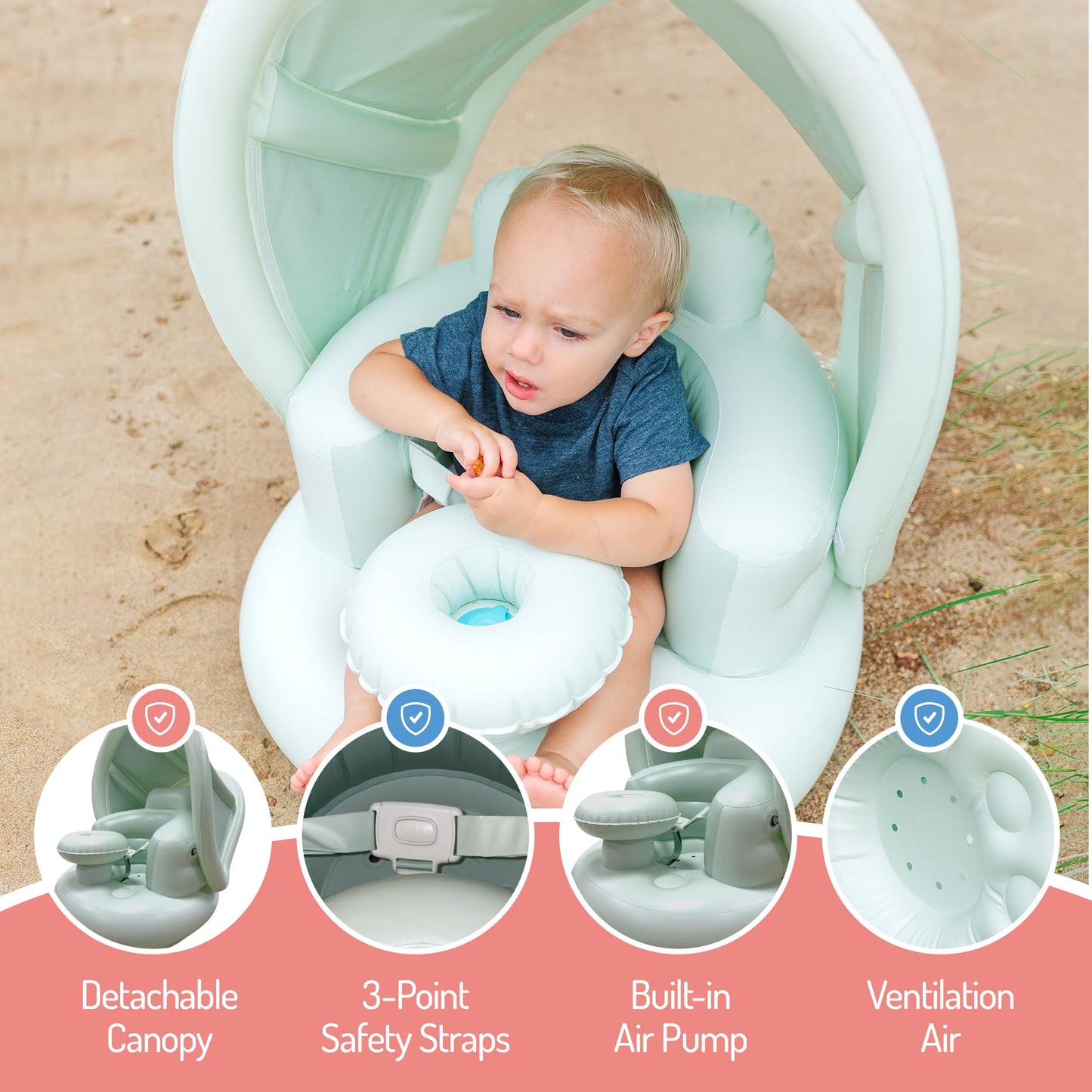 Inflatable Baby Seat For 3-36 Months W/Built-In Pump & Detachable Canopy, Sit Me Up Floor Seat For Baby W/Safety Straps, Inflata