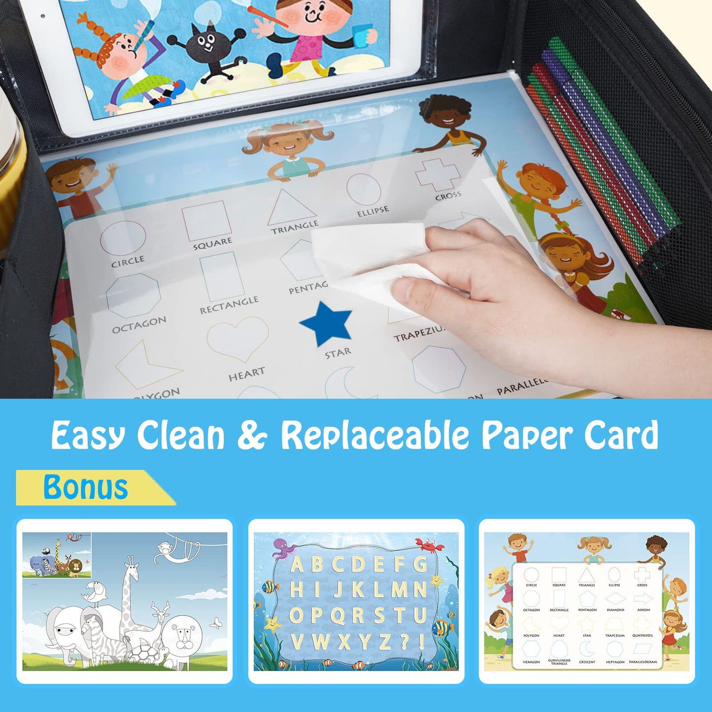 Menzoke Kids Travel Tray, Travel Tray For Kids Car Seat With Educational Drawing Board,Tablet Holder & Cooler Cup Holder, Portab