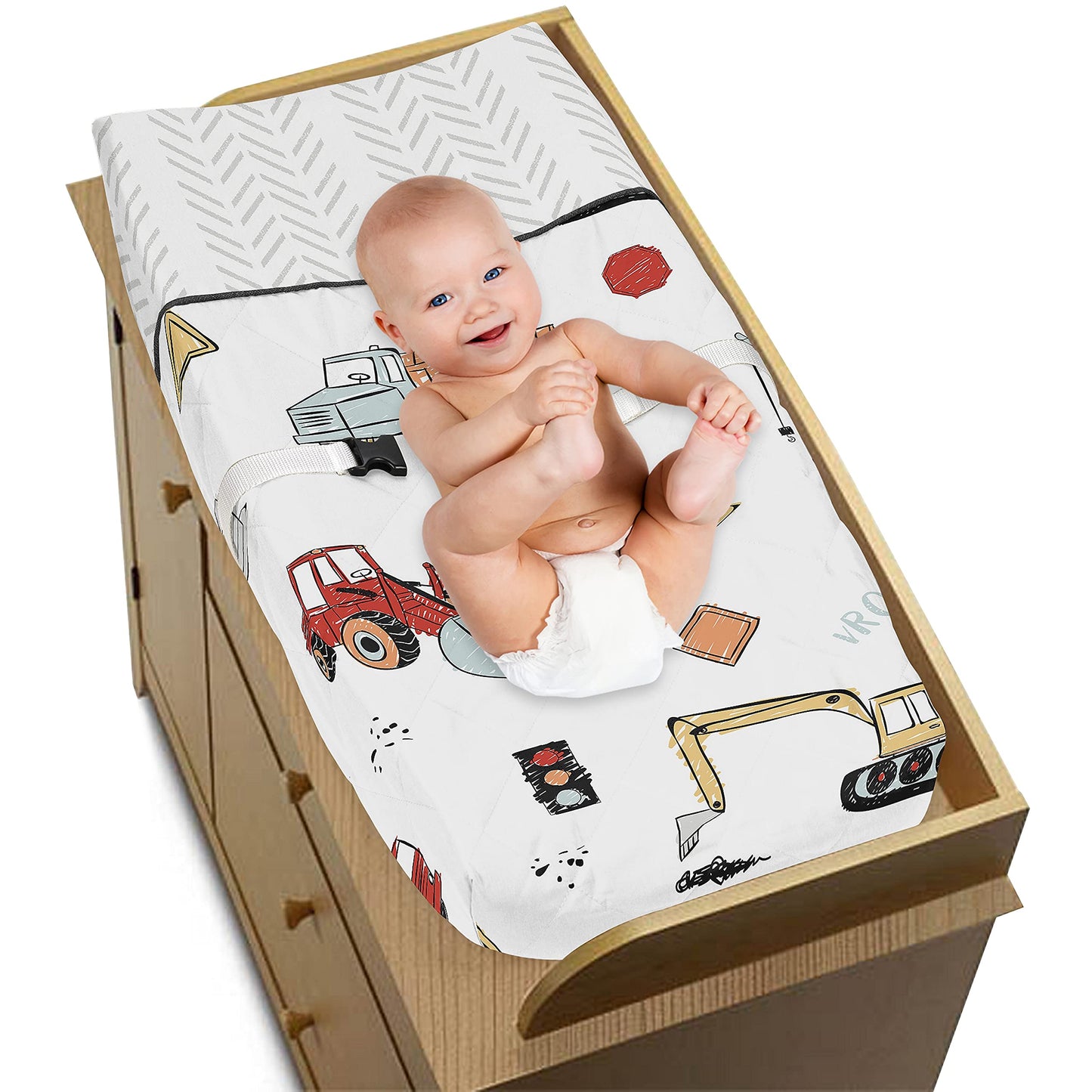 Sweet Jojo Designs Construction Truck Boy Baby Nursery Changing Pad Cover - Grey Yellow Orange Red And Blue Transportation Chevr