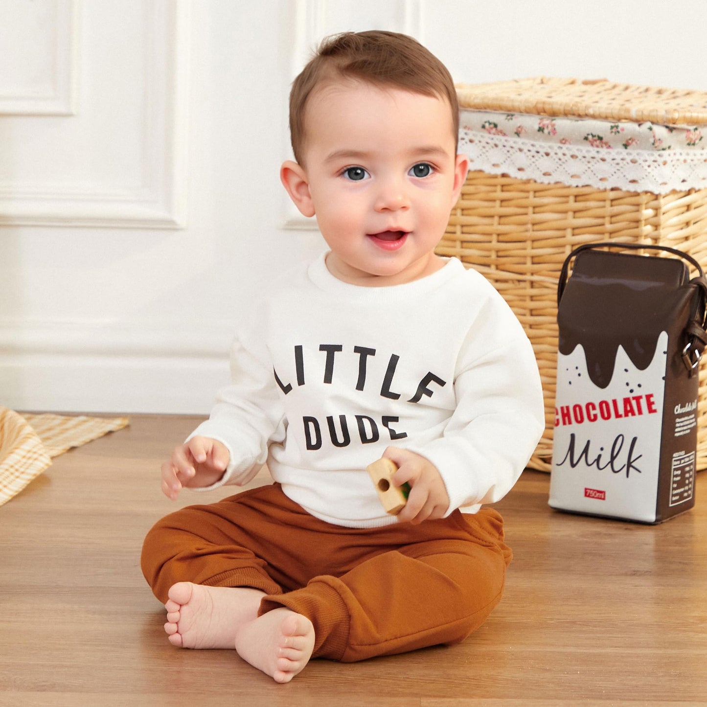 Toddler Baby Boy Fall Winter Outfits Letter Crewneck Sweatshirt Casual Pants 2Pcs Clothes Set White-Brown 12-18 Months